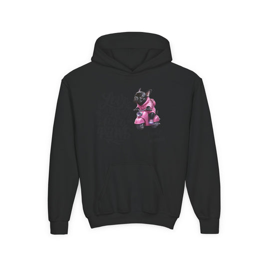 Youth Hoodie — "Love Has Four Paws" Pink Scooter French Bulldog Graphic
