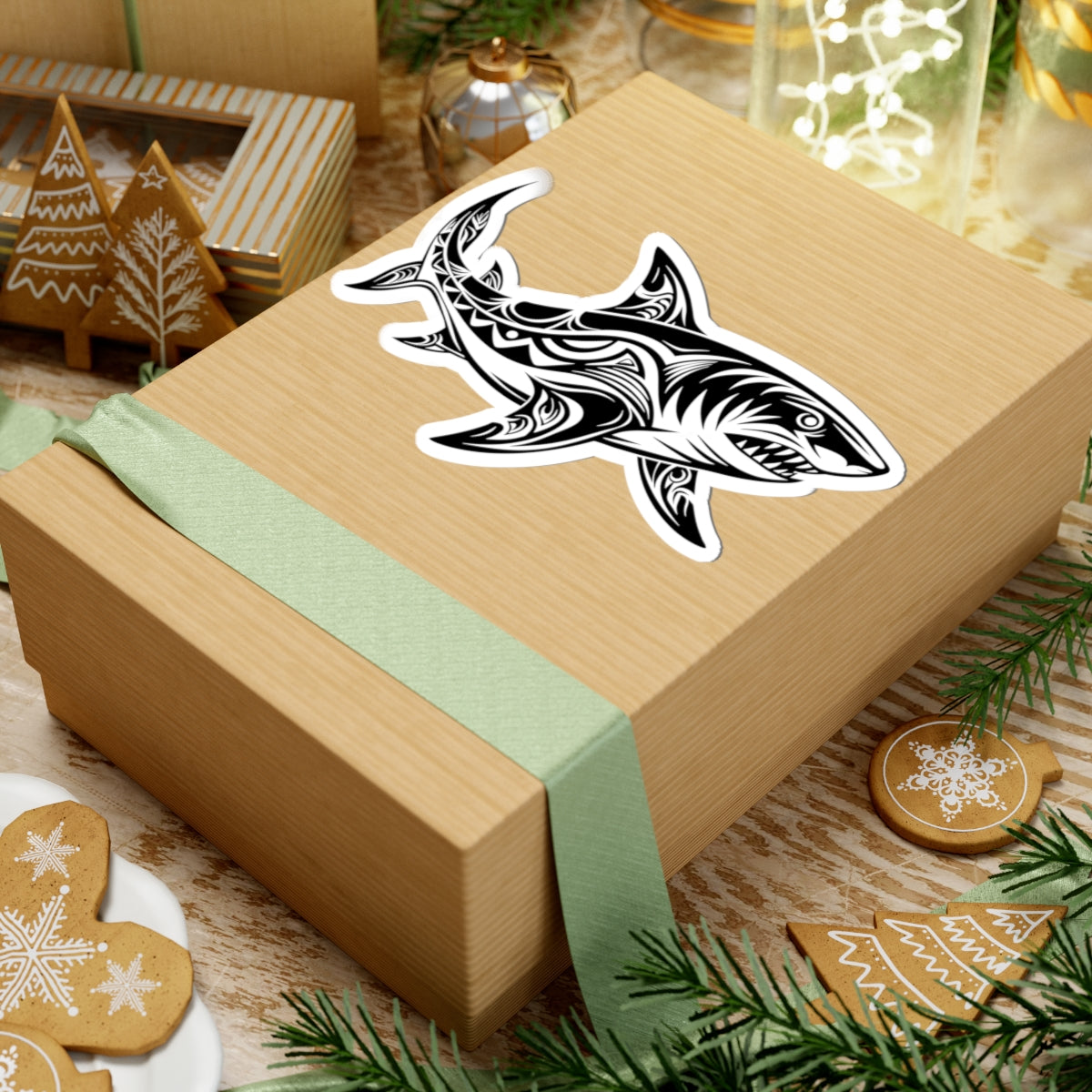 Tribal Shark Kiss-Cut Stickers – Bold Ocean-Inspired Decals for Laptops and More