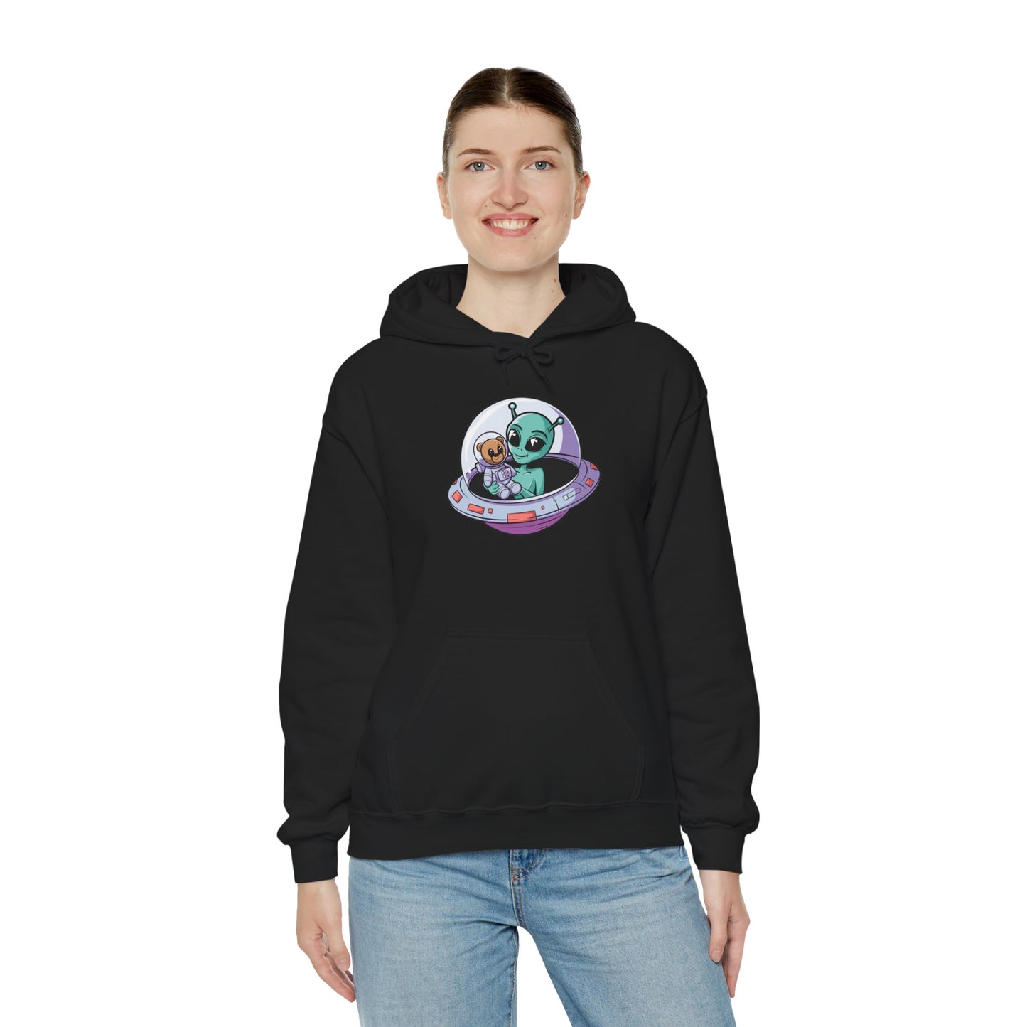 Cute Alien and Kid Hoodie, Unisex Heavy Blend Sweatshirt, UFO Lover Gift, Halloween Costume, Space-Themed Outfit, Birthday Present