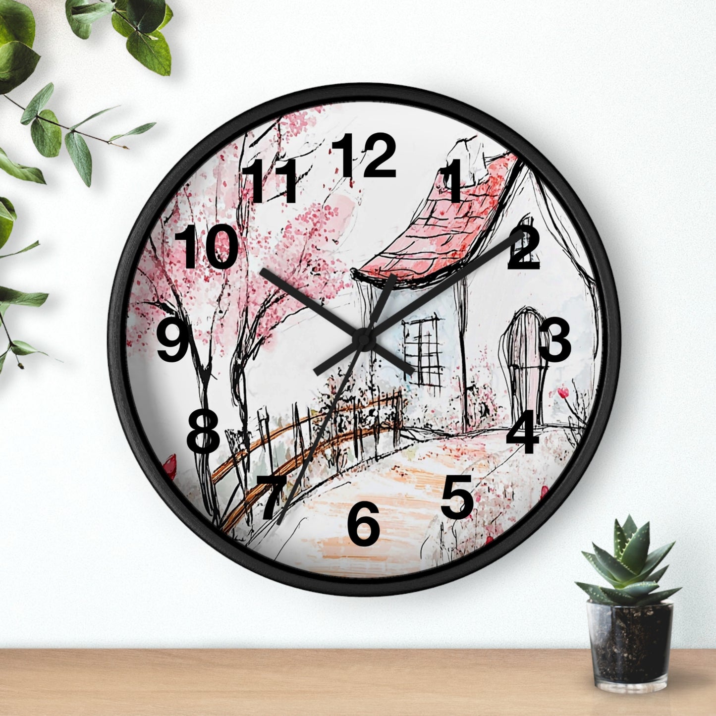 Cottage Garden Wall Clock — Hand-Drawn Pink Blossom Scene