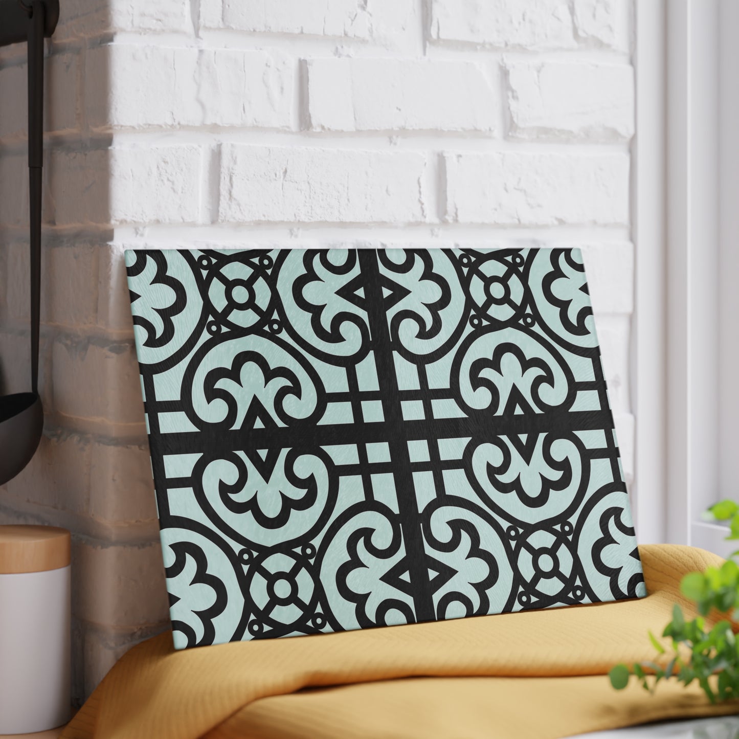 Glass Cutting Board — Decorative Moroccan Tile Pattern in Mint & Black