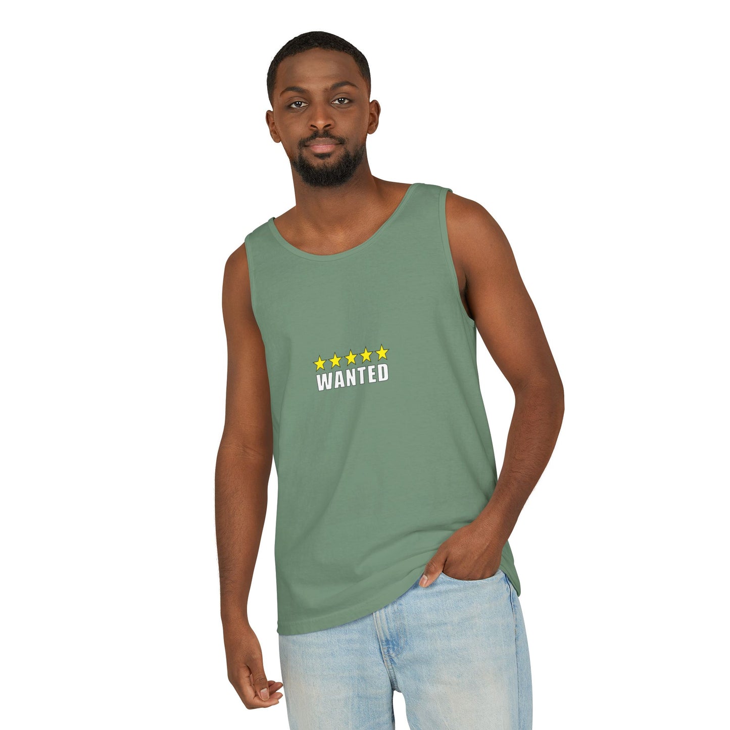 5-Star "WANTED" Garment-Dyed Tank Top, Unisex Summer Shirt, Gift for Him/Her, Trendy Casual Wear, Pool Party Outfit, Unique Graphic Tee