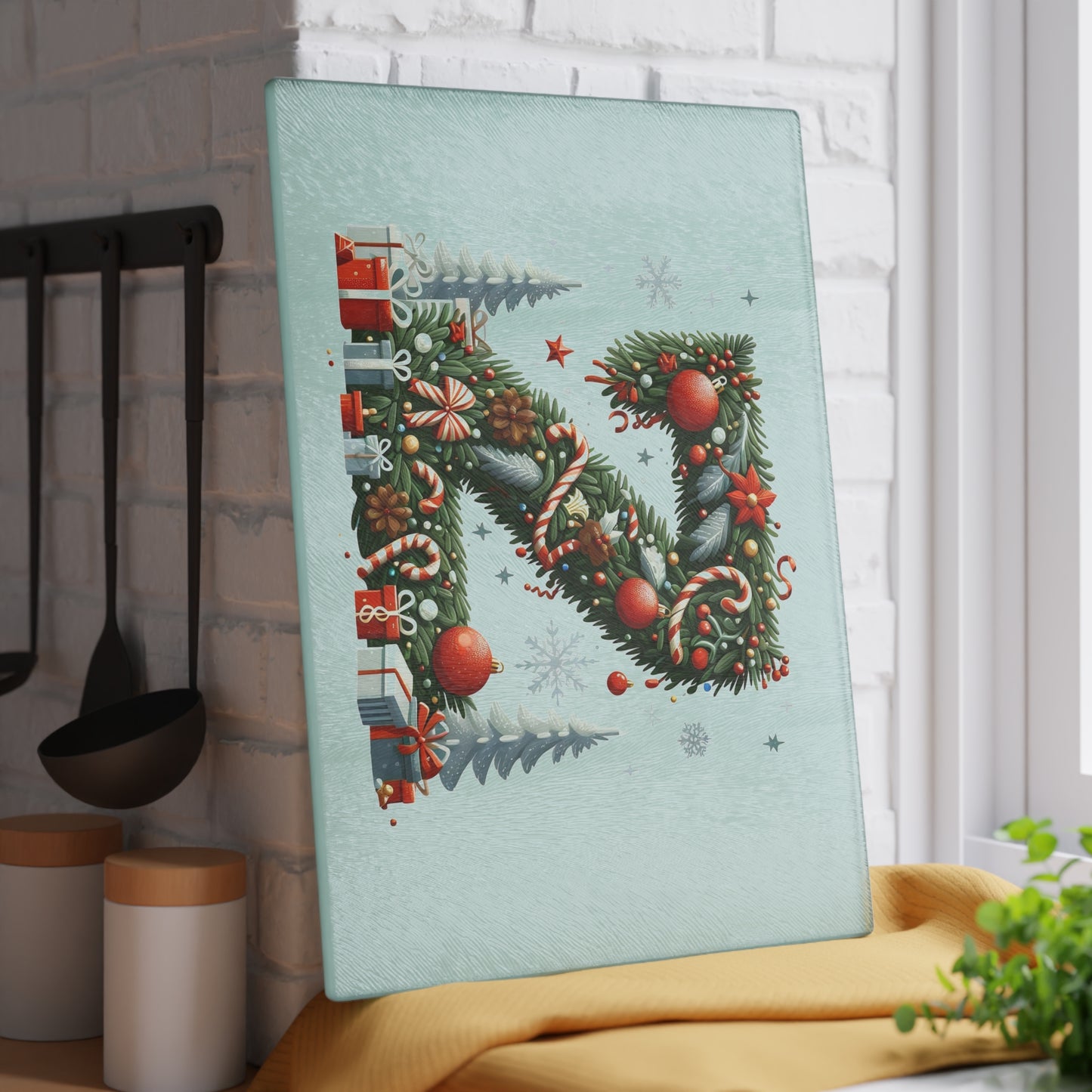 Christmas Wreath Letter 'Z' Glass Cutting Board — Holiday Kitchen Décor with Ornaments & Gifts