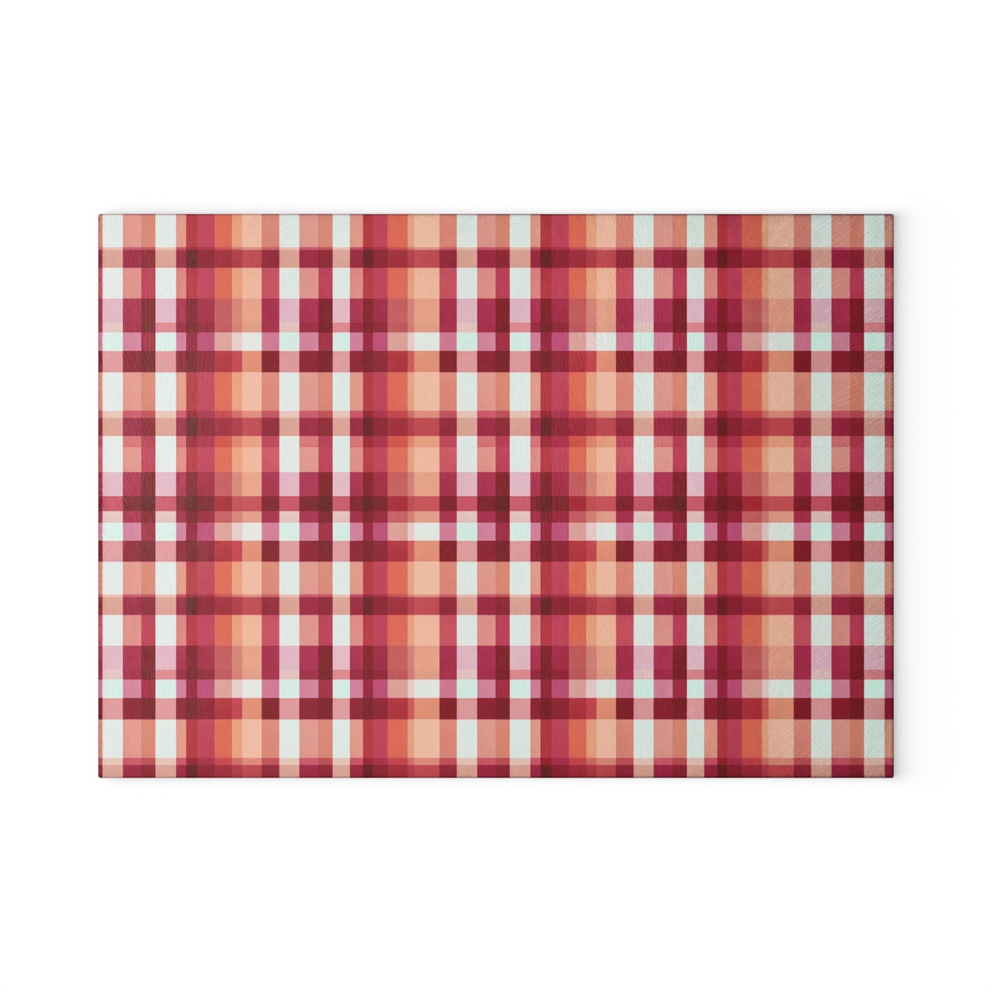 Plaid Glass Cutting Board – Warm Red & Peach Patterned Kitchen Board