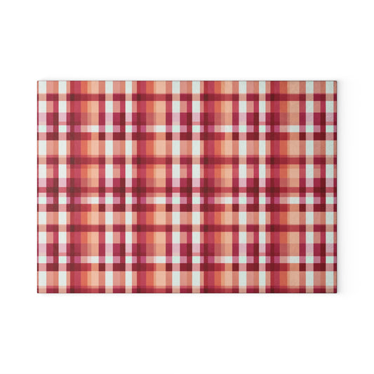 Plaid Glass Cutting Board – Warm Red & Peach Patterned Kitchen Board