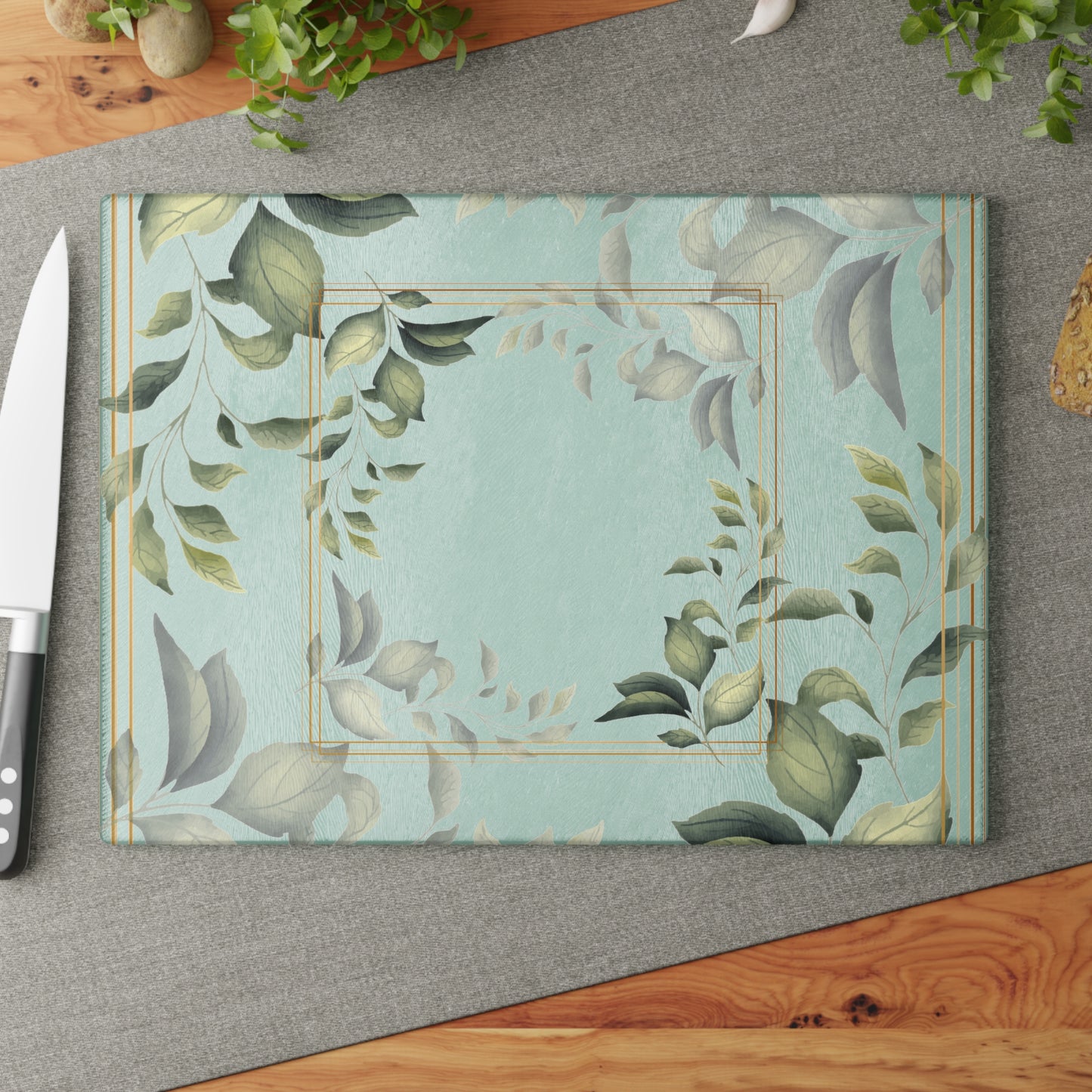 Glass Cutting Board — Botanical Green Leaf Decorative Kitchen Board