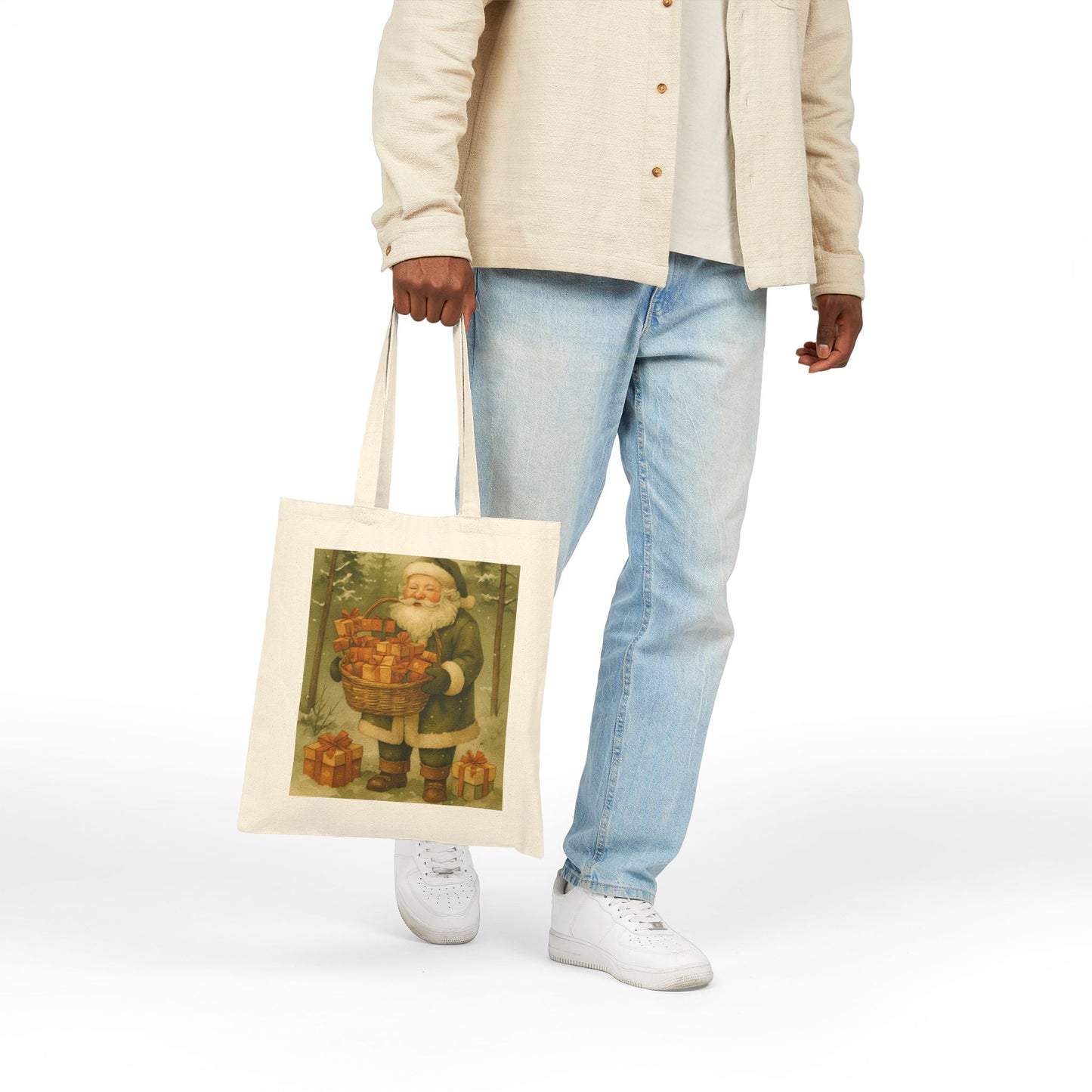 Vintage Santa Cotton Canvas Tote Bag, Holiday Shopping Tote, Eco-Friendly Gift Bag, Festive Christmas Tote, Santa Claus Bag