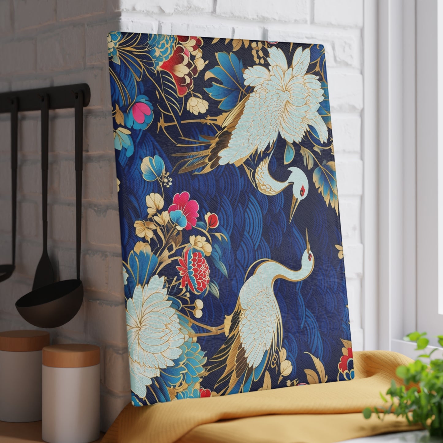 Glass Cutting Board - Elegant Japanese Crane & Peony Floral Pattern