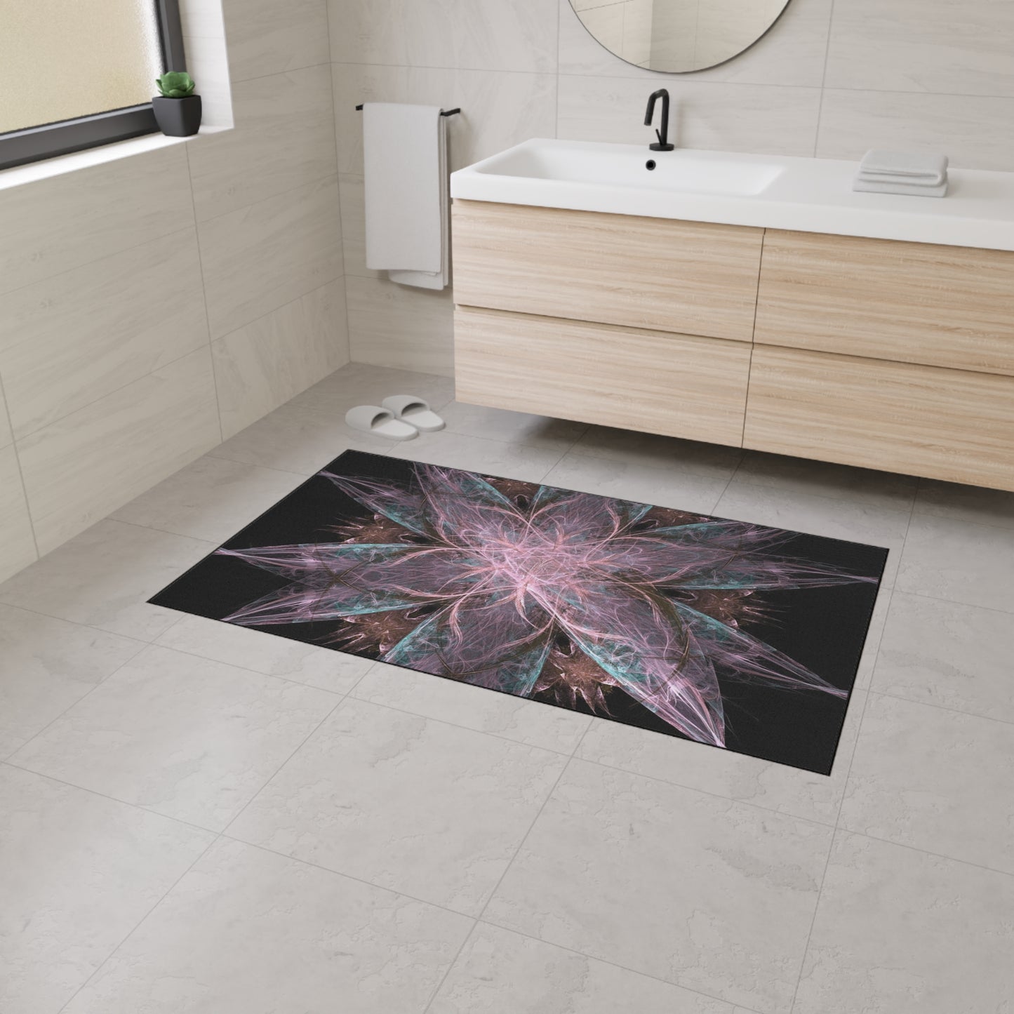 Mandala Star Heavy-Duty Floor Mat — Abstract Pink & Teal Fractal Entrance Rug