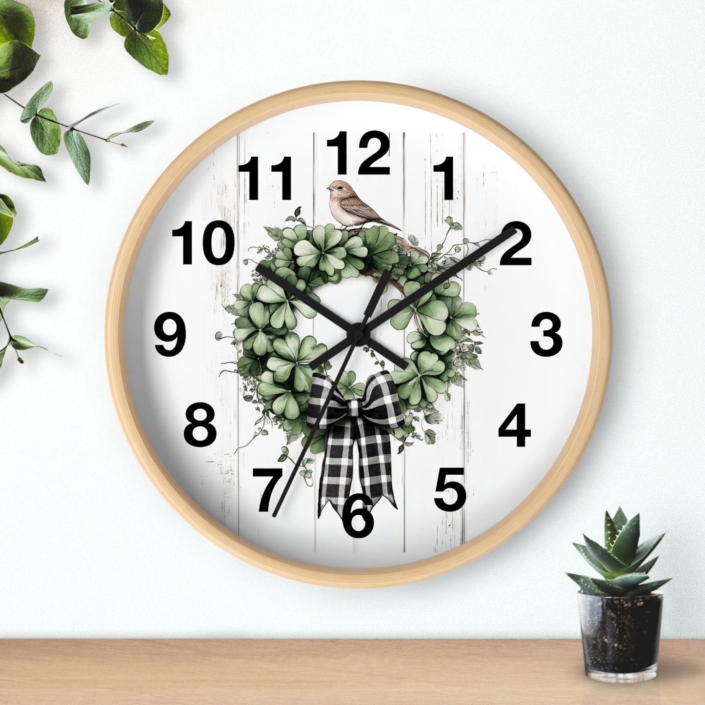 Charming Wreath Wall Clock | Rustic Decor, Bird Lover Gift, Spring Theme, Home Accent, Clovers & Bow