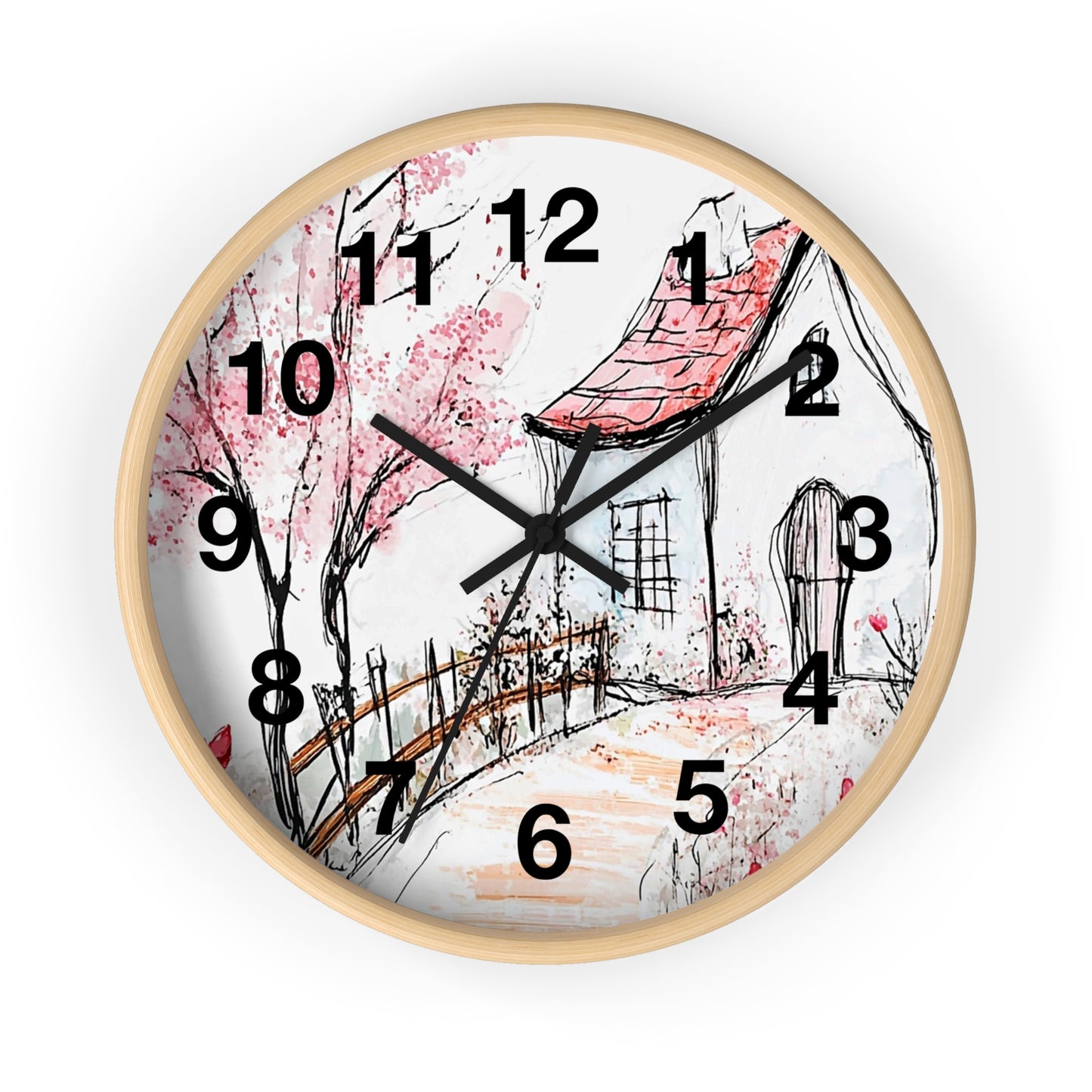 Cottage Garden Wall Clock — Hand-Drawn Pink Blossom Scene