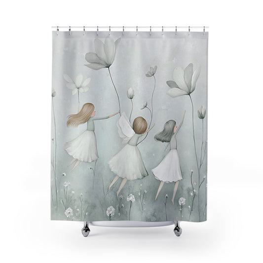 Ethereal Flower Dance Shower Curtain — Whimsical Girls in Pastel Floral Bathroom Decor