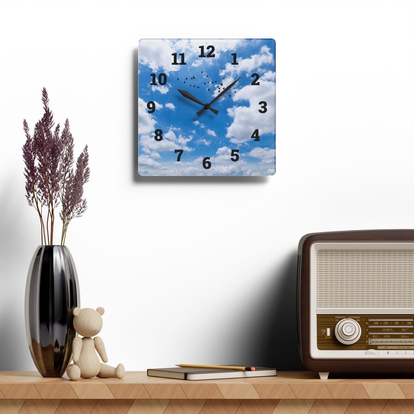 Sky Blue Acrylic Wall Clock - Modern Decor, Birds, Home Office, Unique Wall Art
