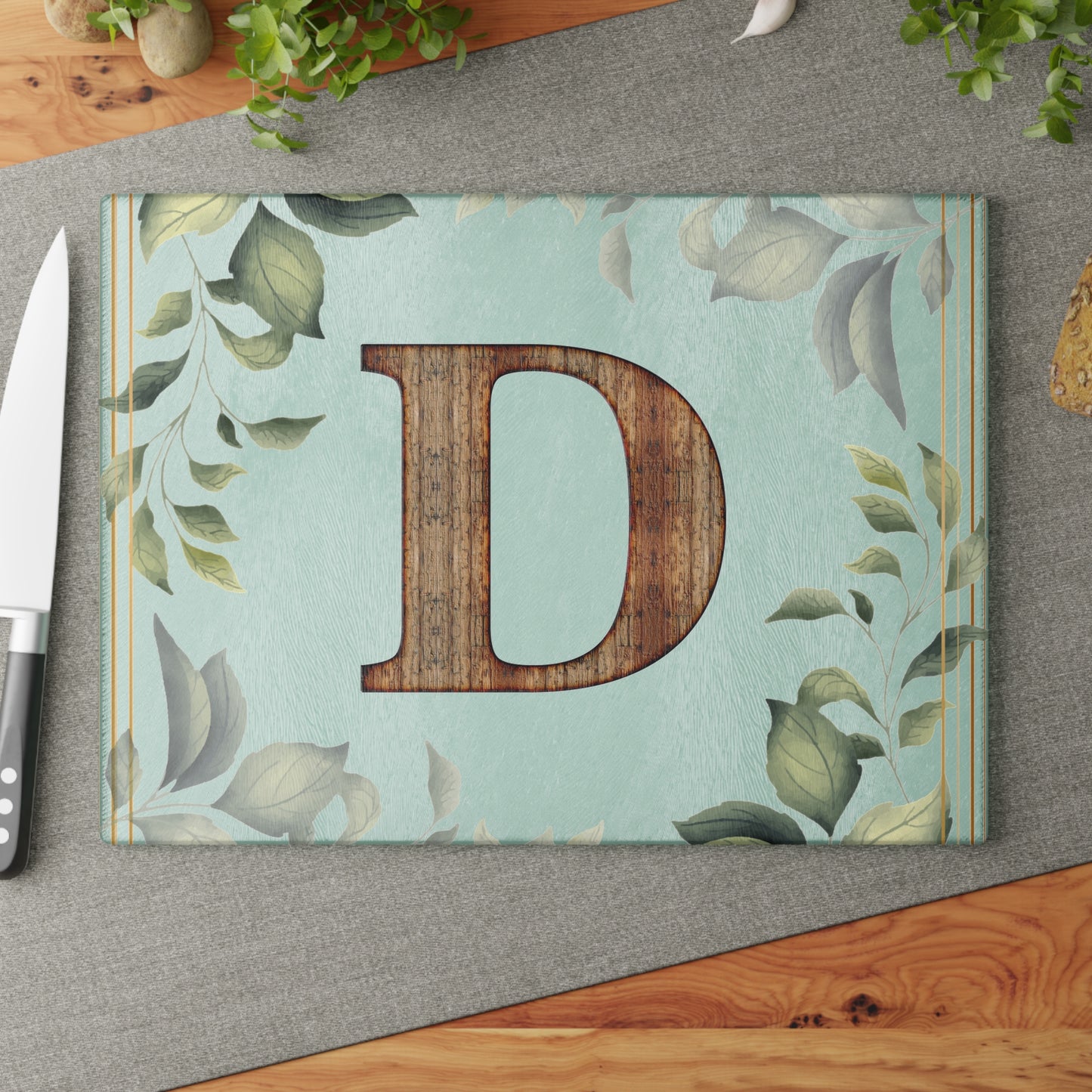 Floral Leaf Glass Cutting Board — Mint & White Decorative Kitchen Board