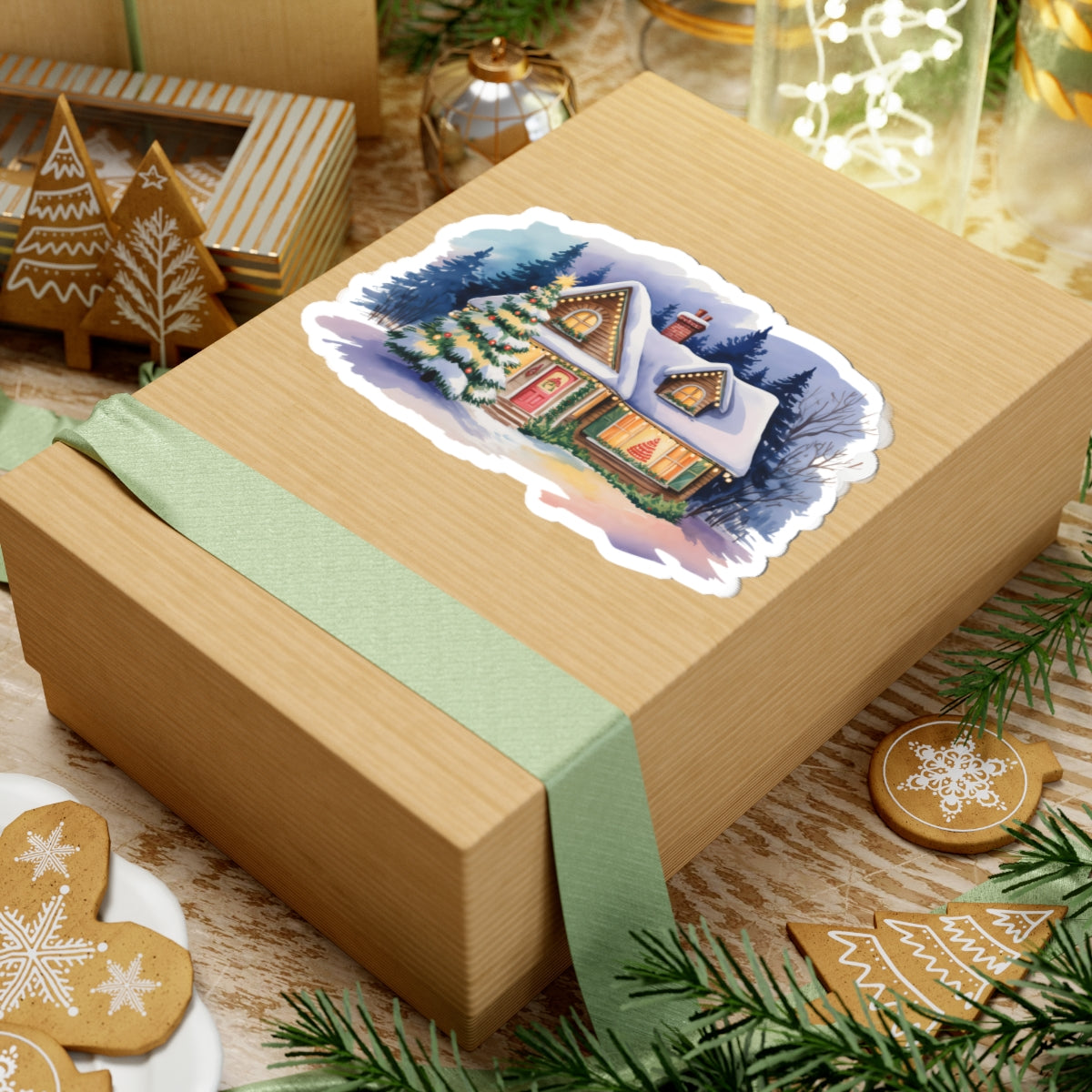 Cozy Snowy Cottage Kiss-Cut Sticker — Holiday Winter Home Decal