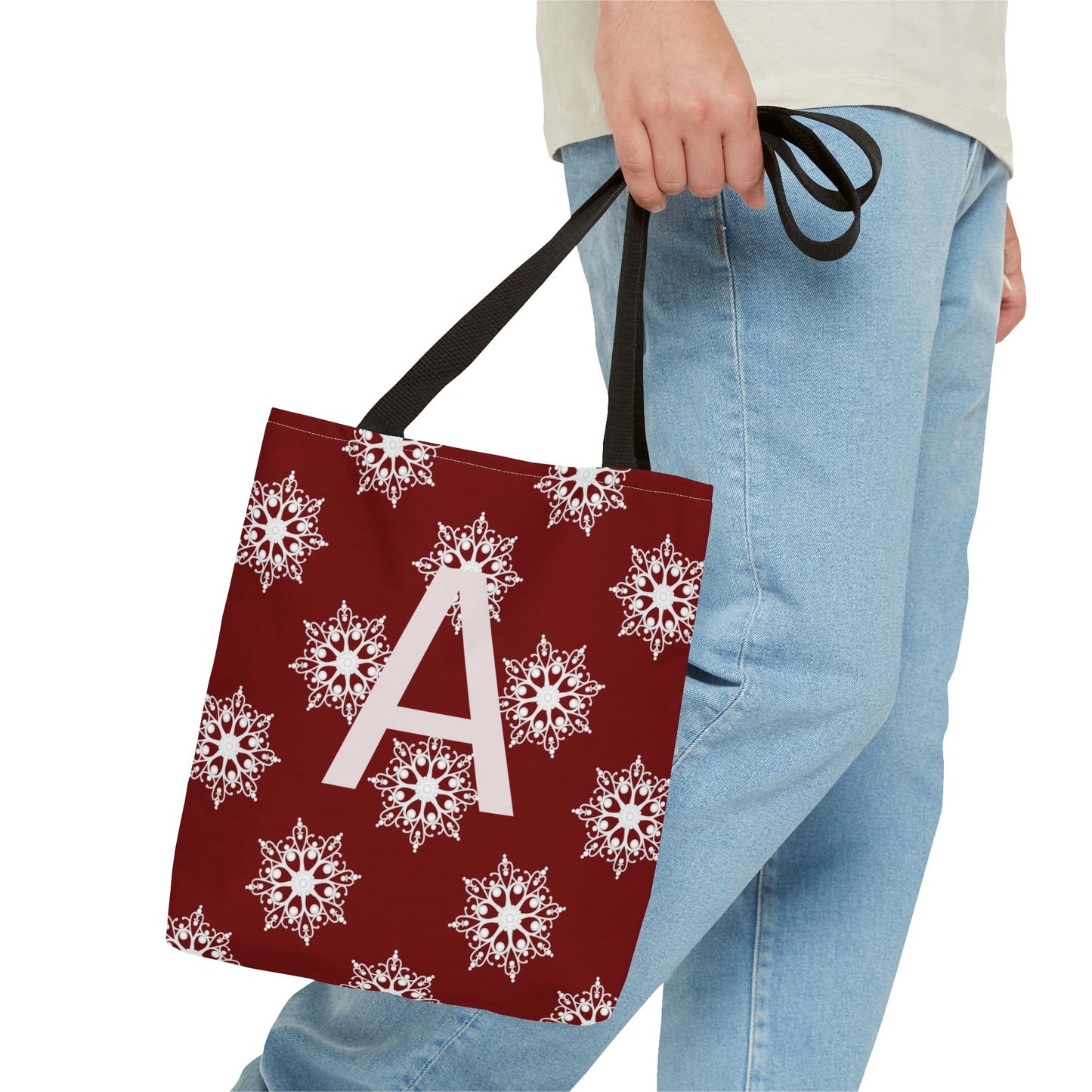 Monogram A Snowflake Tote Bag — Personalized Holiday AOP Tote