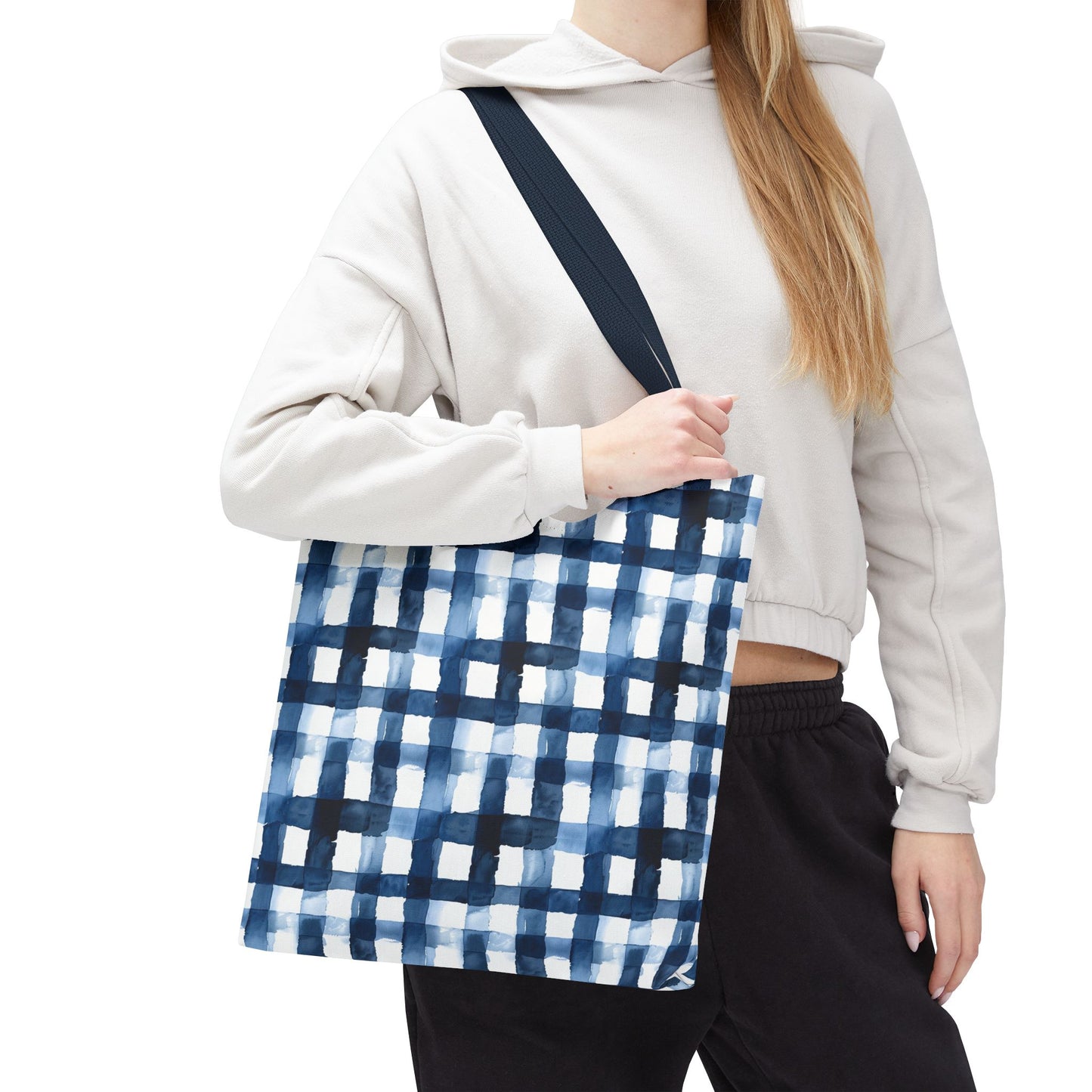 Blue Watercolor Plaid Tote Bag — Navy Check Pattern All-Over Print