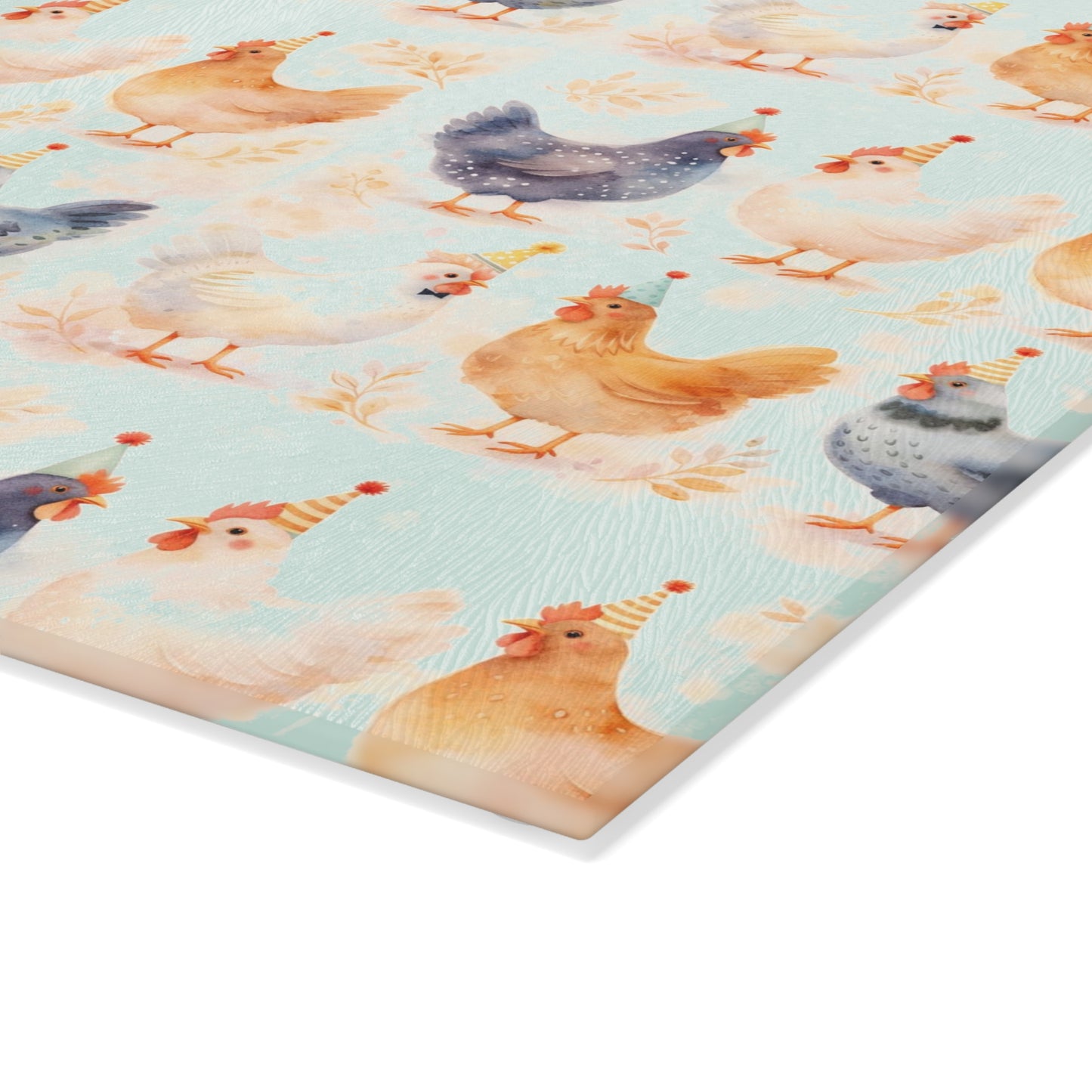 Chicken Pattern Glass Cutting Board — Watercolor Farmhouse Kitchen Decor