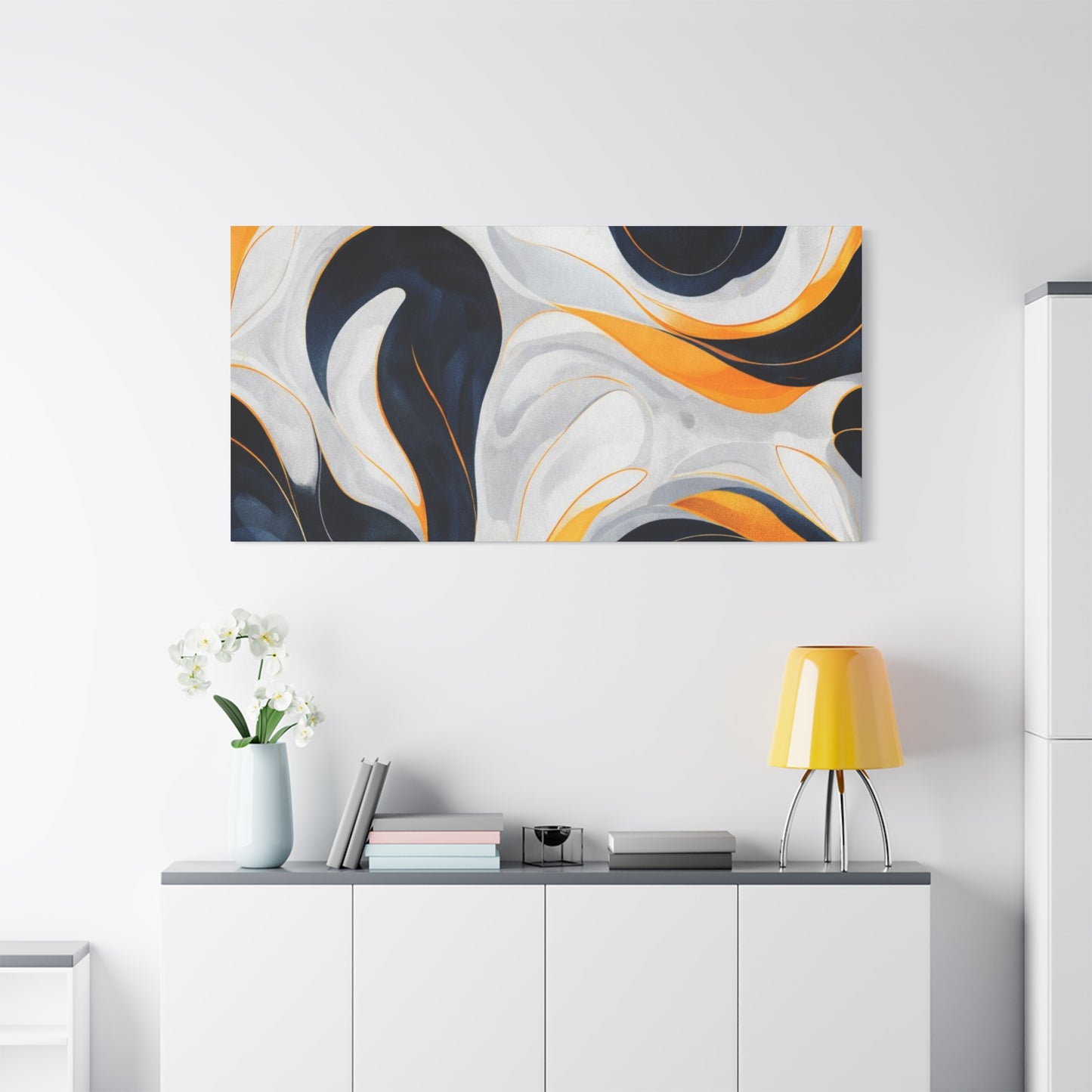 Abstract Fluid Art Matte Canvas Print — Navy, Gold & White Stretched Wall Art