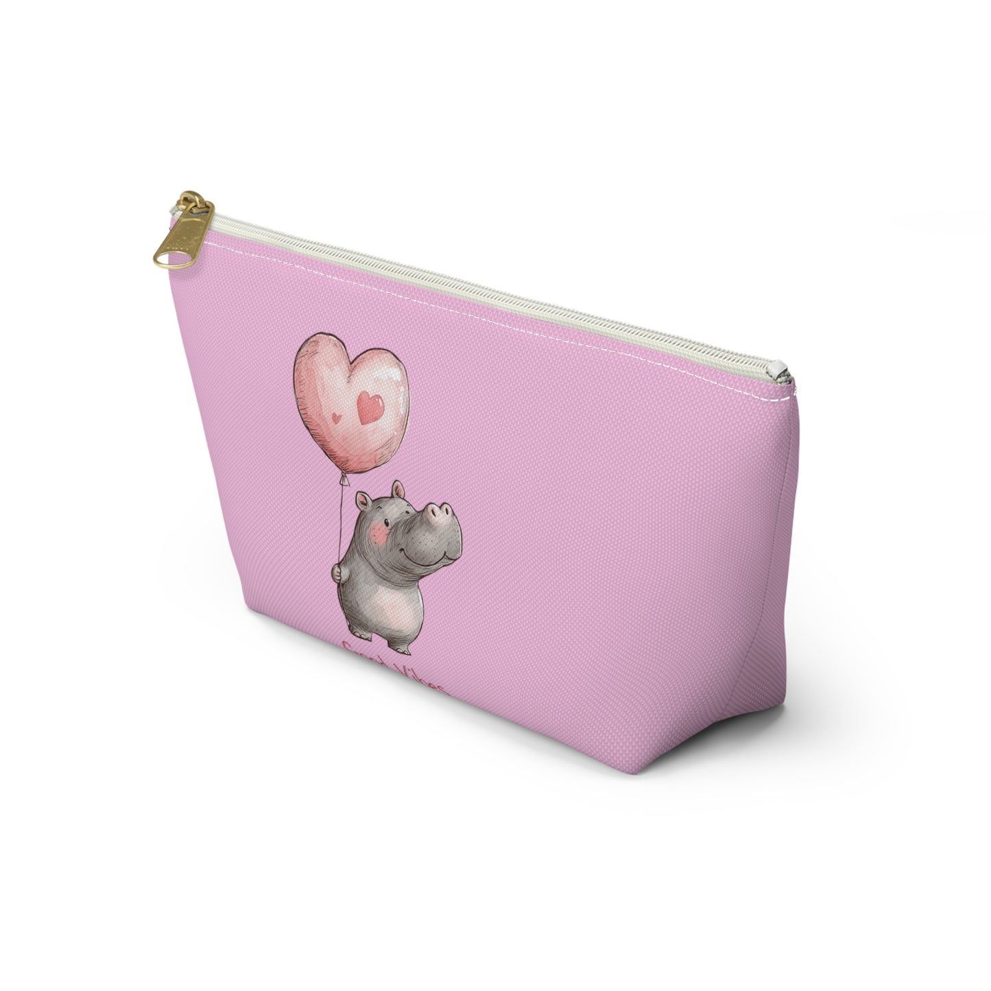 Cute Hippo Good Vibes Accessory Pouch, Makeup Bag, Travel Organizer, Gift for Animal Lovers, Cute Pink Storage Bag