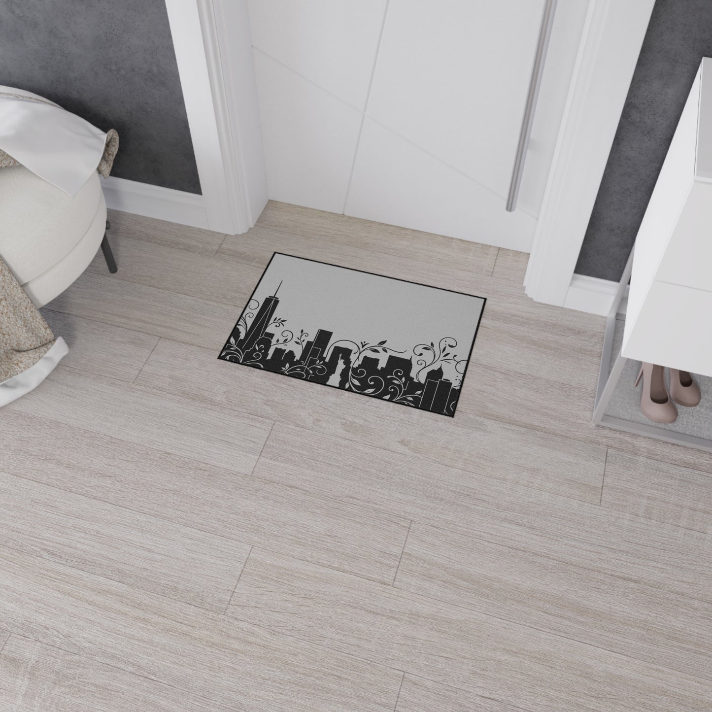 City Skyline Heavy-Duty Floor Mat — Black Urban Floral Door Rug