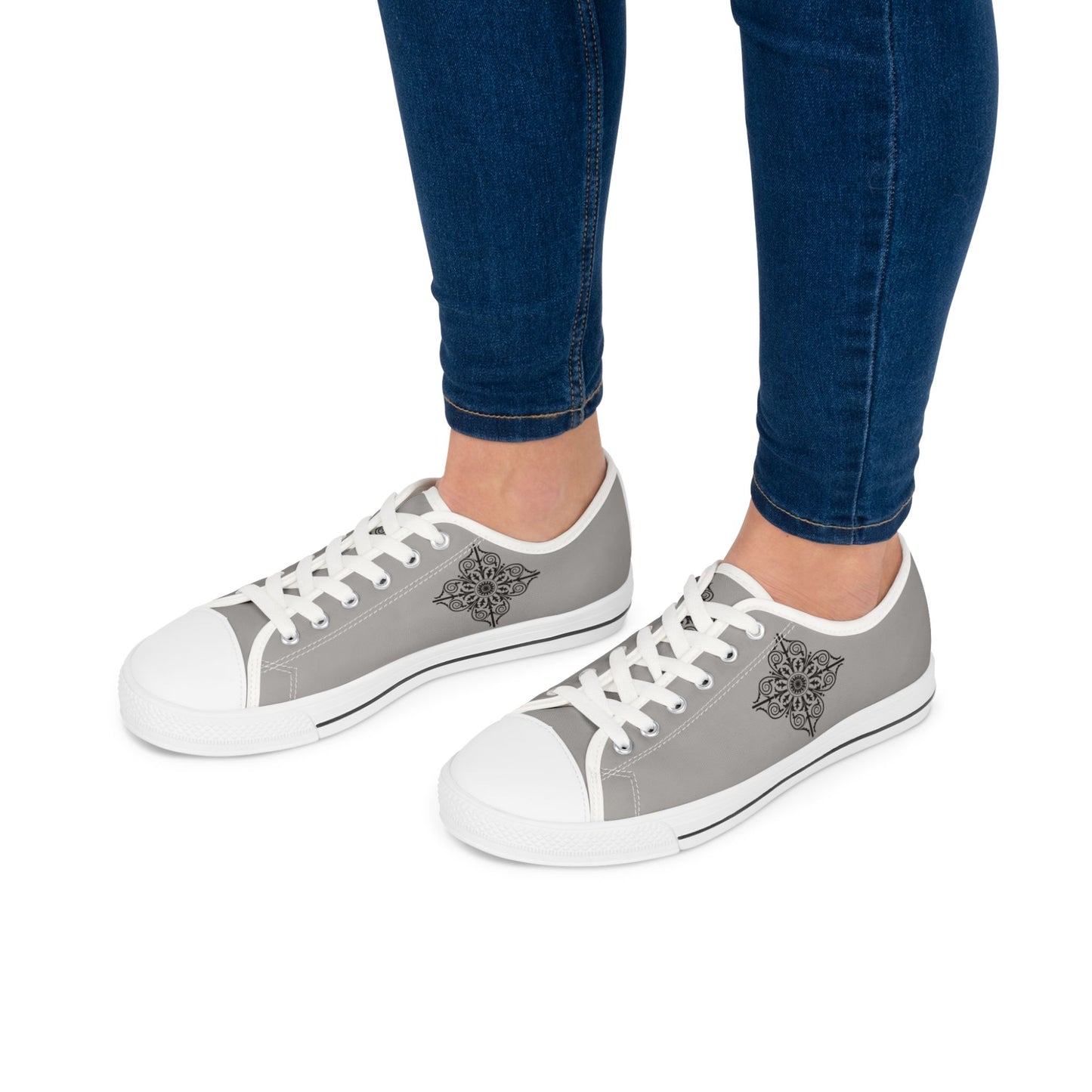 Women's Low Top Sneakers — Gray Tile Mandala Casual Canvas Shoes