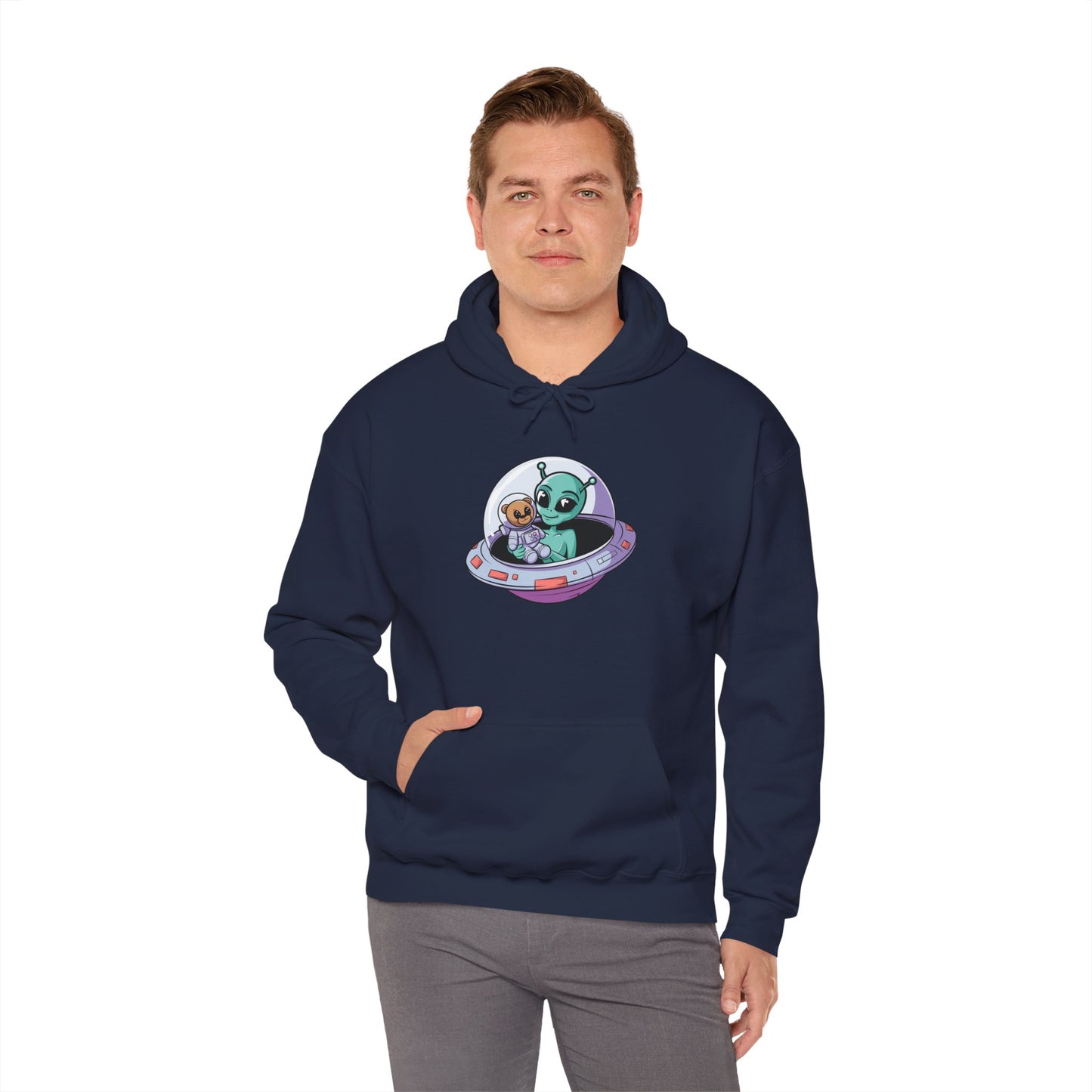 Cute Alien and Kid Hoodie, Unisex Heavy Blend Sweatshirt, UFO Lover Gift, Halloween Costume, Space-Themed Outfit, Birthday Present