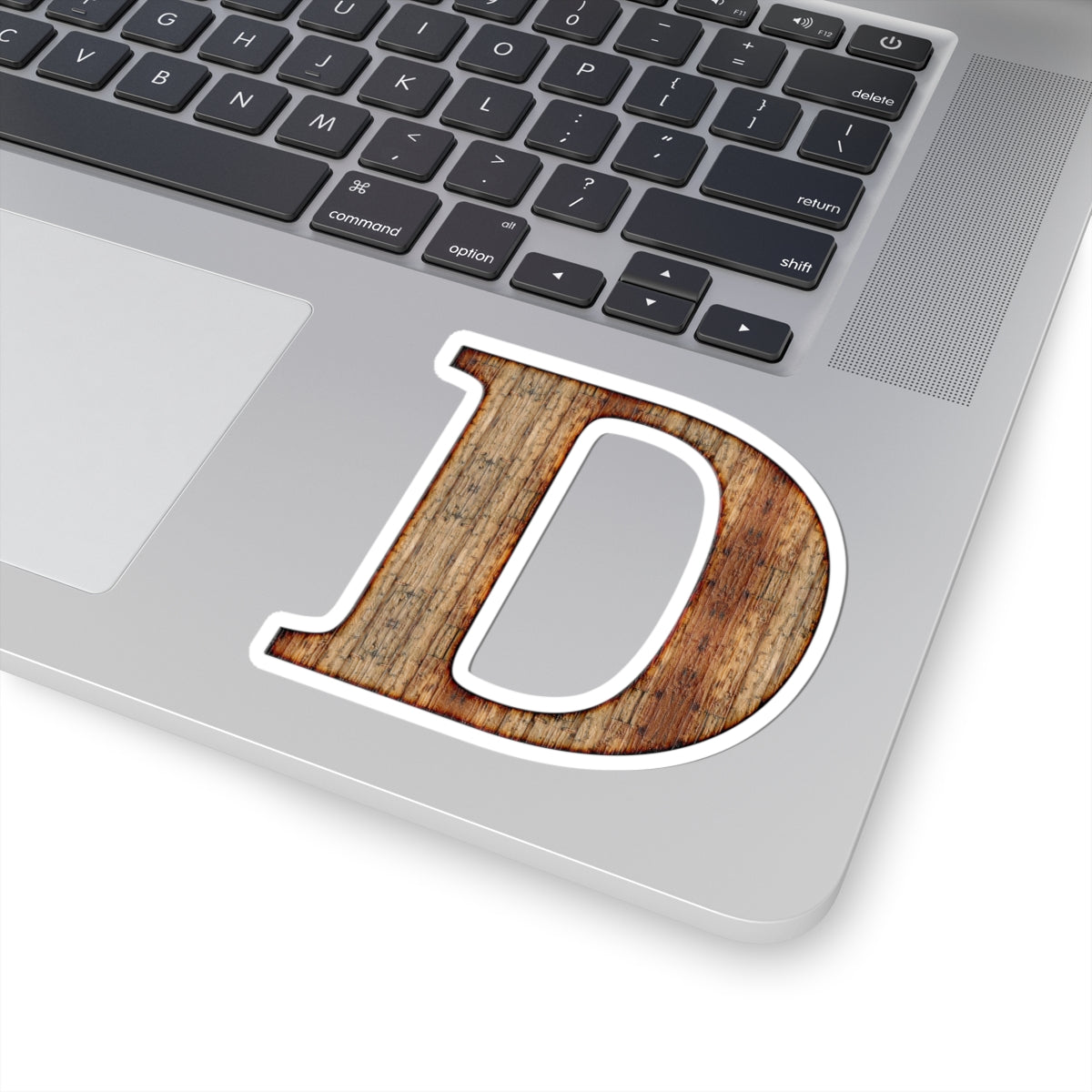 Wood Grain Letter D Sticker — Rustic Monogram Kiss-Cut Sticker for Laptops & Water Bottles
