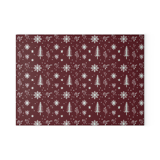 Holiday Snowflake & Pine Glass Cutting Board — Festive Winter Kitchen Decor