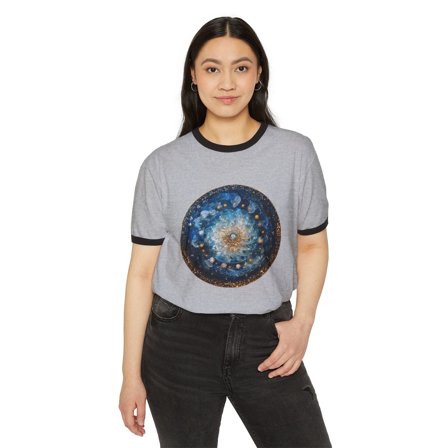 Celestial Mandala Ringer T‑Shirt — Blue Galaxy Circle Art