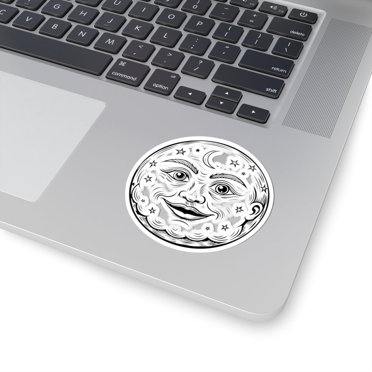Vintage Moon Face Kiss-Cut Sticker — Celestial Stars & Crescent Design