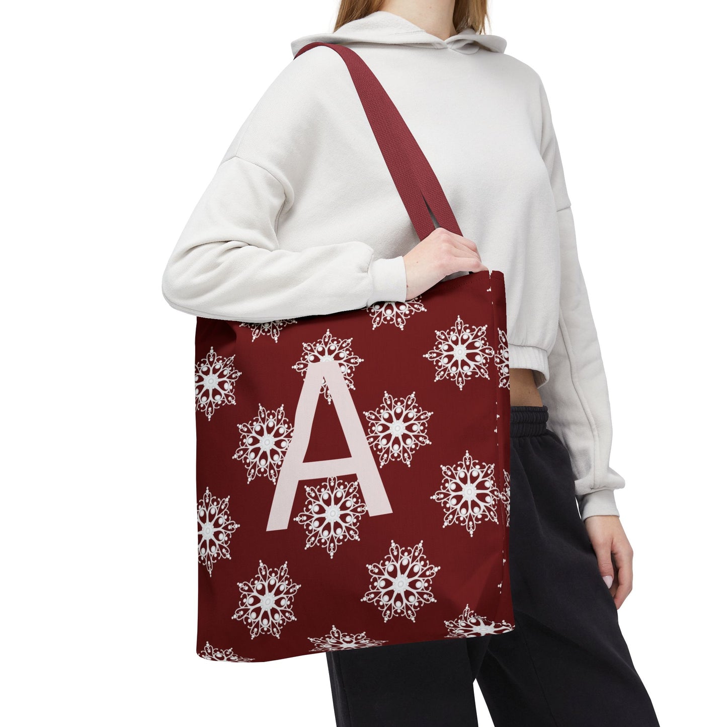 Monogram A Snowflake Tote Bag — Personalized Holiday AOP Tote