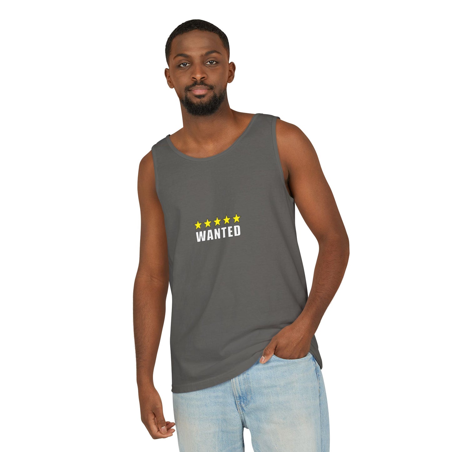 5-Star "WANTED" Garment-Dyed Tank Top, Unisex Summer Shirt, Gift for Him/Her, Trendy Casual Wear, Pool Party Outfit, Unique Graphic Tee