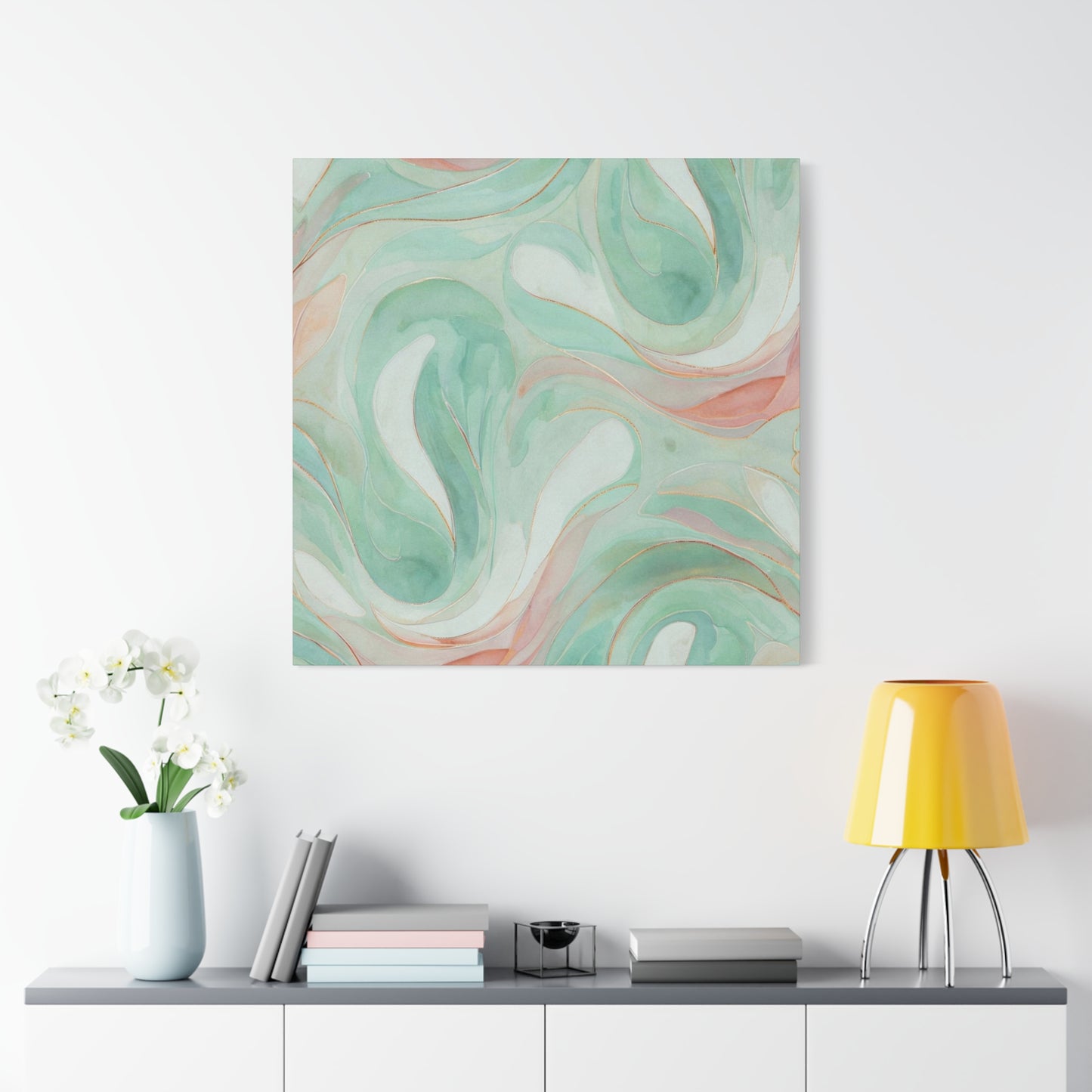 Abstract Green Marble Canvas Print — Teal & Coral Swirl Wall Art