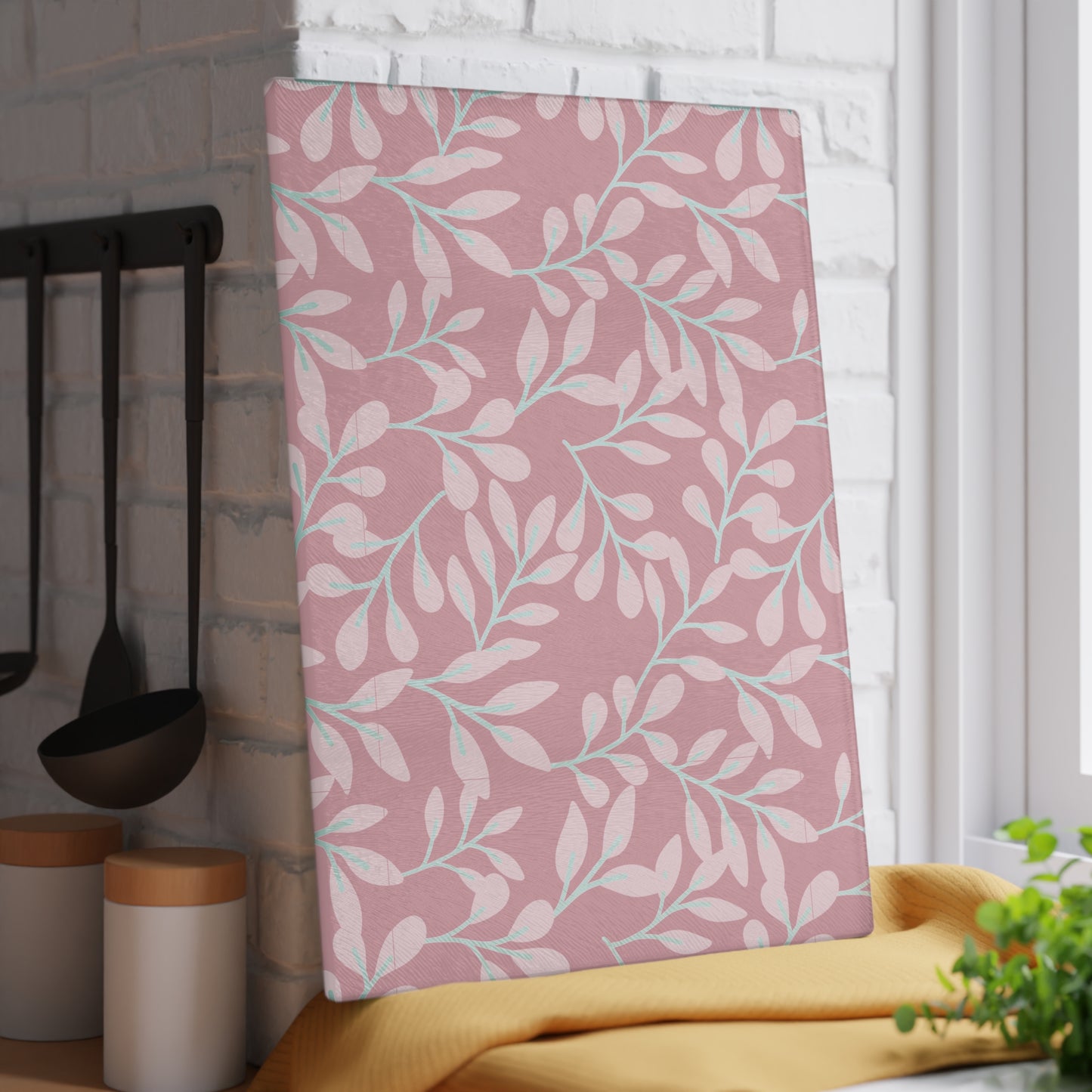 Pink Floral Glass Cutting Board – Pastel Leaf Pattern Kitchen Decor