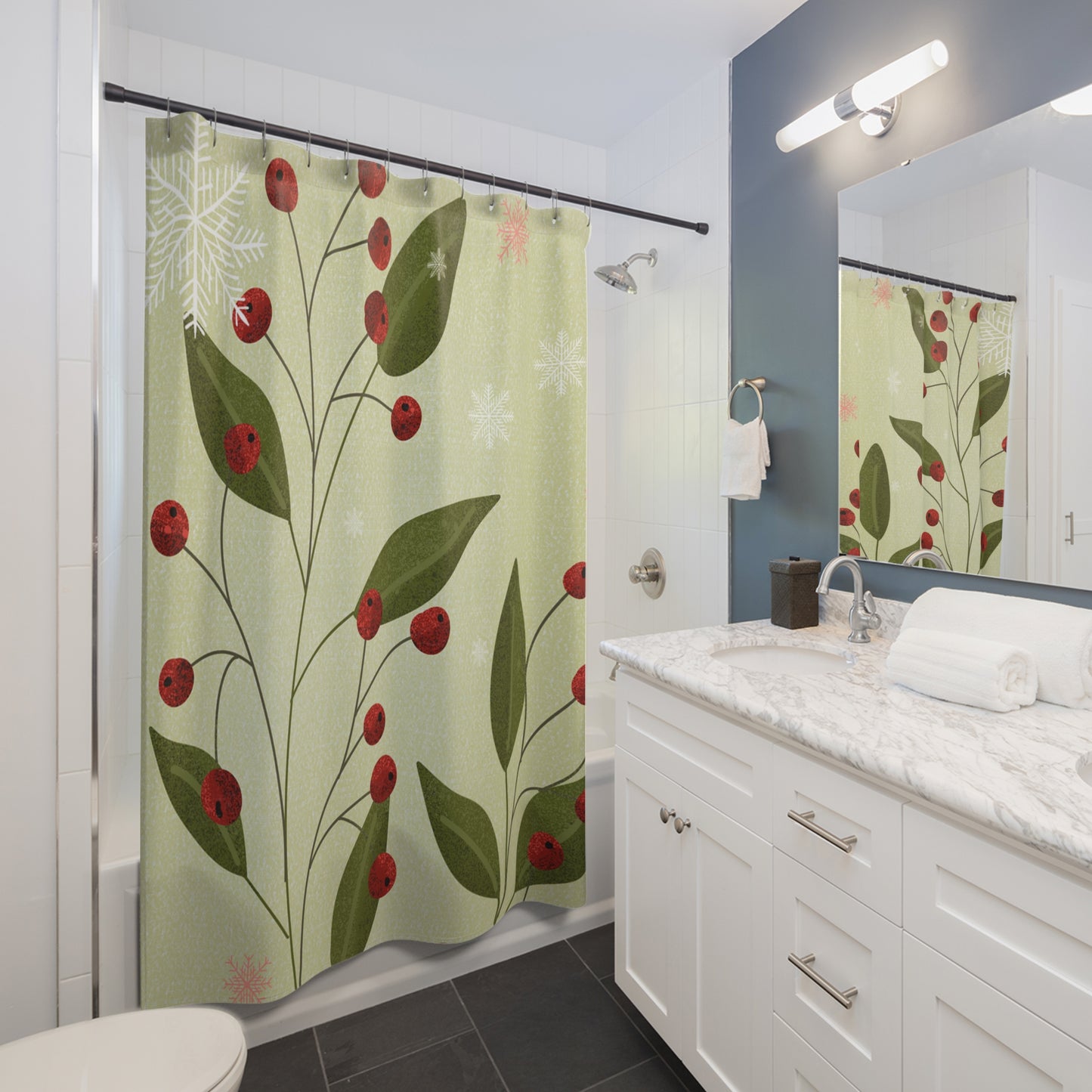 Festive Floral Shower Curtain, Winter Decor, Holiday Bathroom Accessory, Christmas Gift, Cozy Home