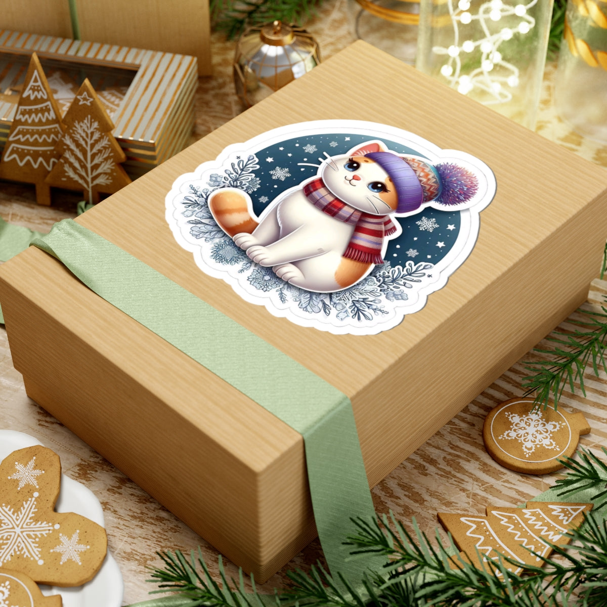 Winter Cat Kiss-Cut Stickers, Cute Cat Sticker, Animal Lover Gift, Laptop Decor, Winter Vibes