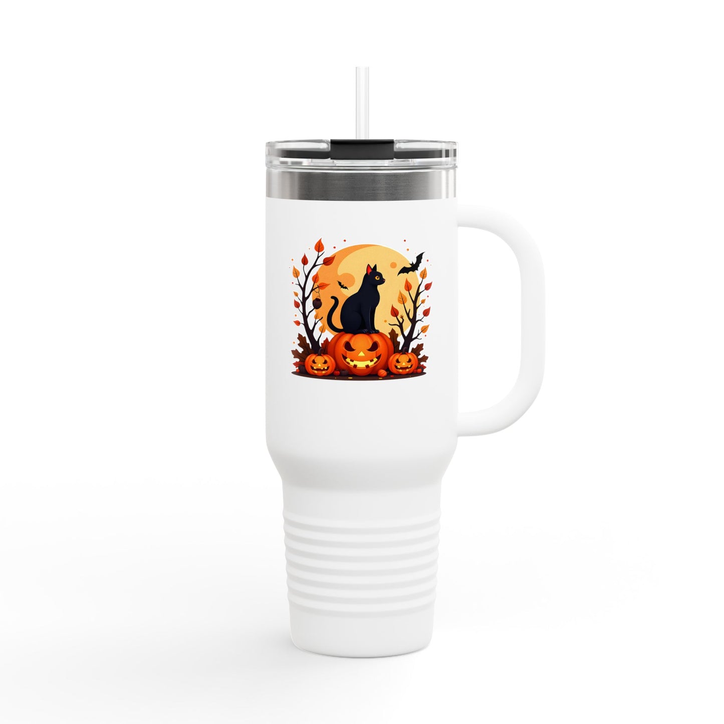 Halloween Cat Insulated Travel Mug | 40oz, Fall Coffee Tumbler, Pumpkin Travel Cup, Spooky Drinkware, Gift for Cat Lovers