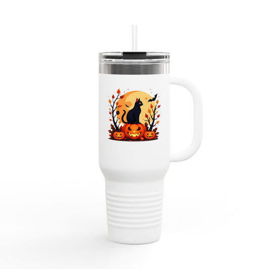 Halloween Cat Insulated Travel Mug | 40oz, Fall Coffee Tumbler, Pumpkin Travel Cup, Spooky Drinkware, Gift for Cat Lovers