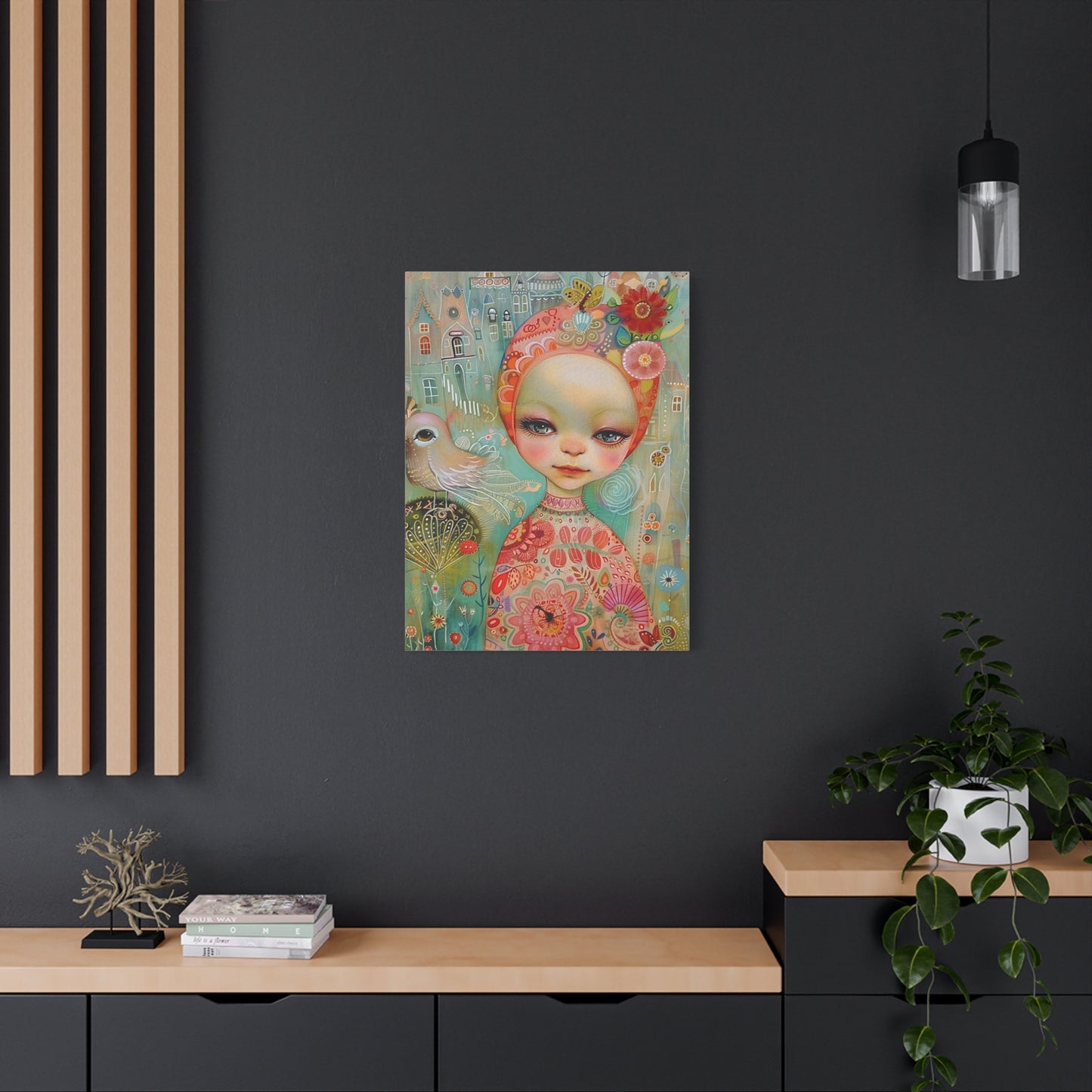 Whimsical Girl & Bird Matte Canvas Wall Art — Stretched Decorative Painting