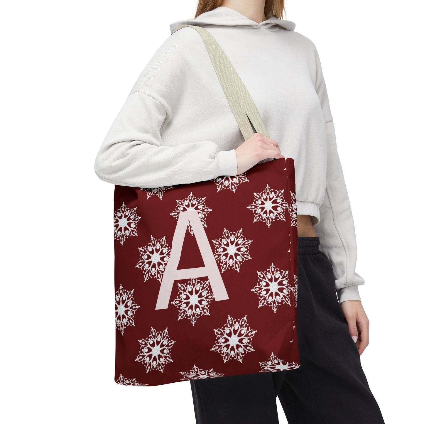 Monogram A Snowflake Tote Bag — Personalized Holiday AOP Tote