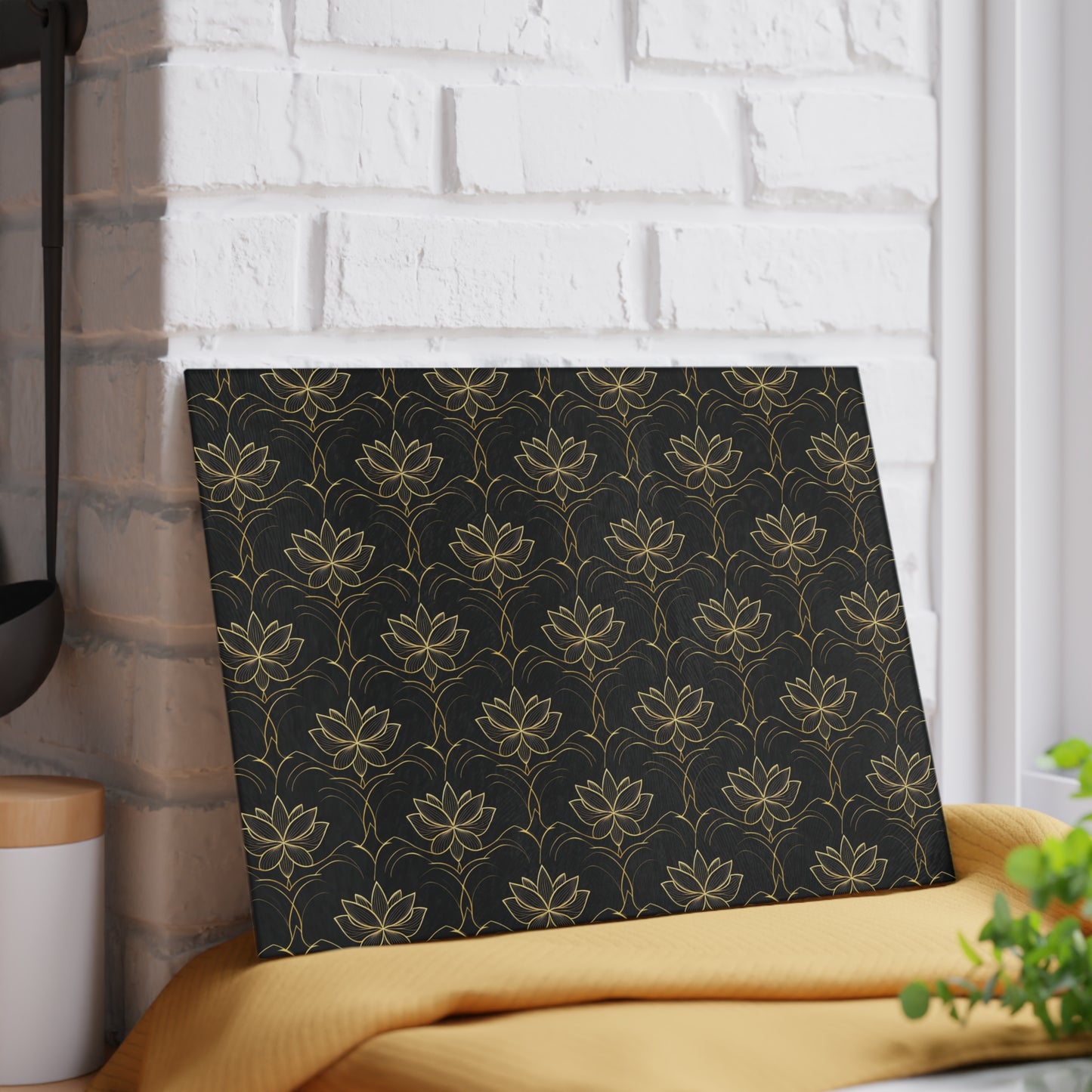 Lotus Pattern Glass Cutting Board — Elegant Black & Gold Kitchen Board