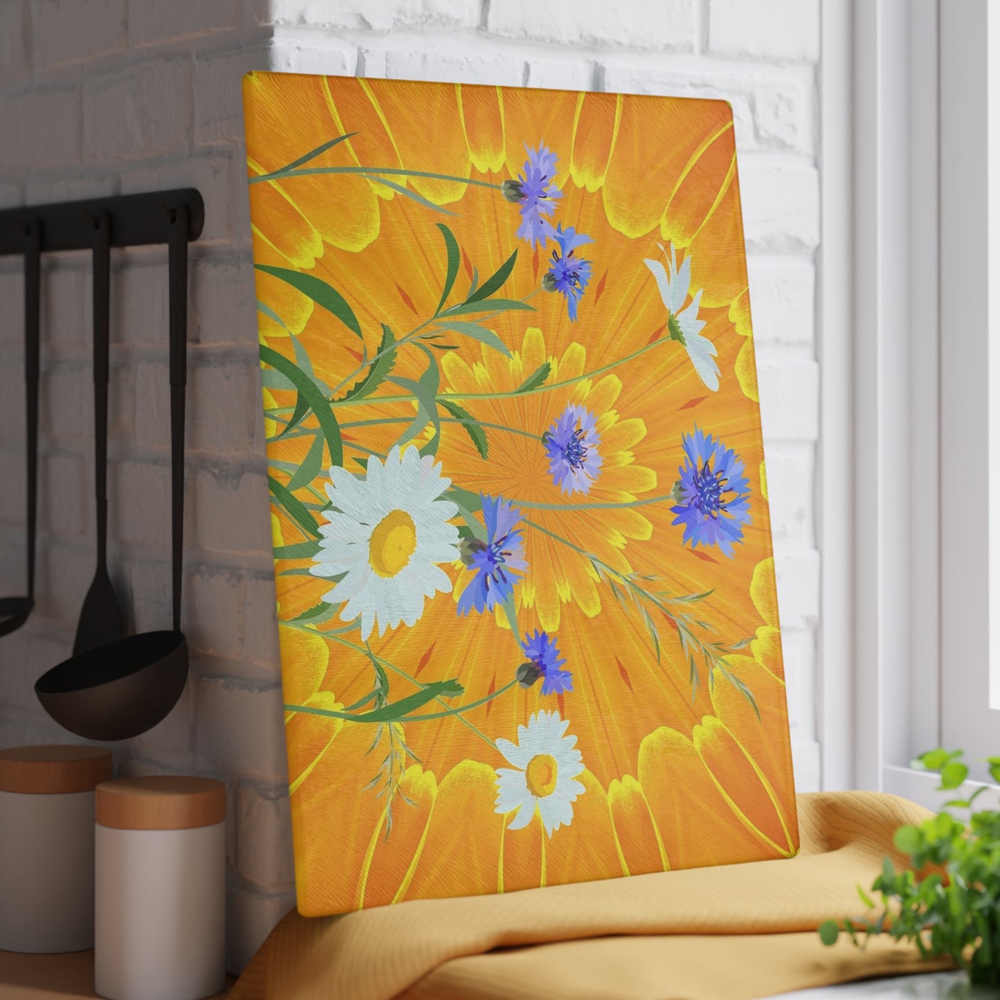 Glass Cutting Board — Bright Sunflower & Wildflower Kitchen Cutting Board