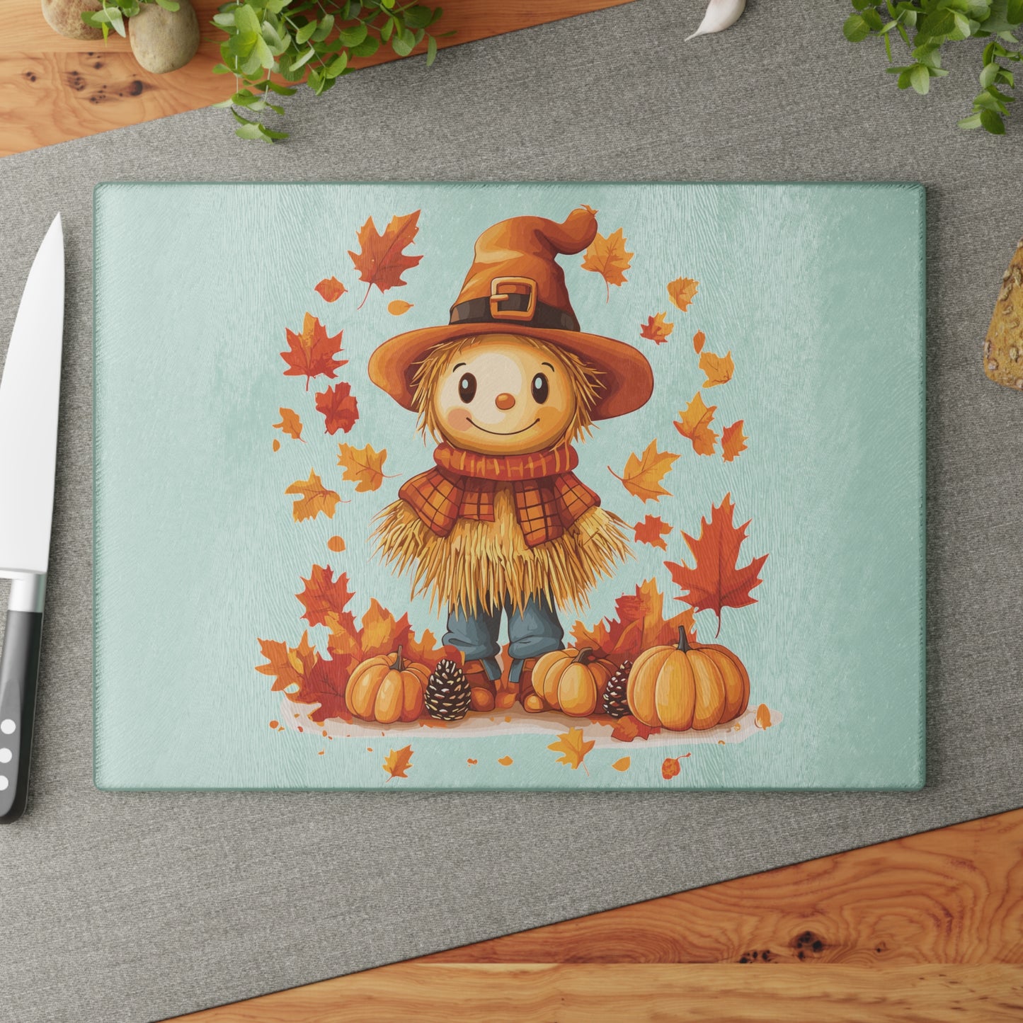 Autumn Scarecrow Glass Cutting Board, Fall Kitchen Decor, Thanksgiving Gift, Food Prep Surface, Harvest Homeware, Seasonal Cooking Tool