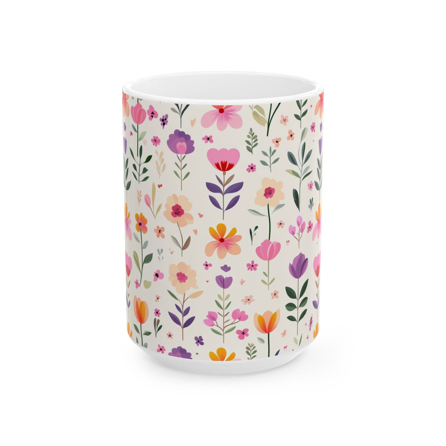 Floral Pattern Ceramic Mug — Pink Spring Flowers 11oz & 15oz