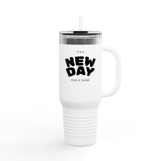 Insulated Travel Mug - 'It's a New Day' - 40oz Coffee Cup, Perfect for Road Trips, Morning Commute, Gifts, Eco-Friendly, Reusable