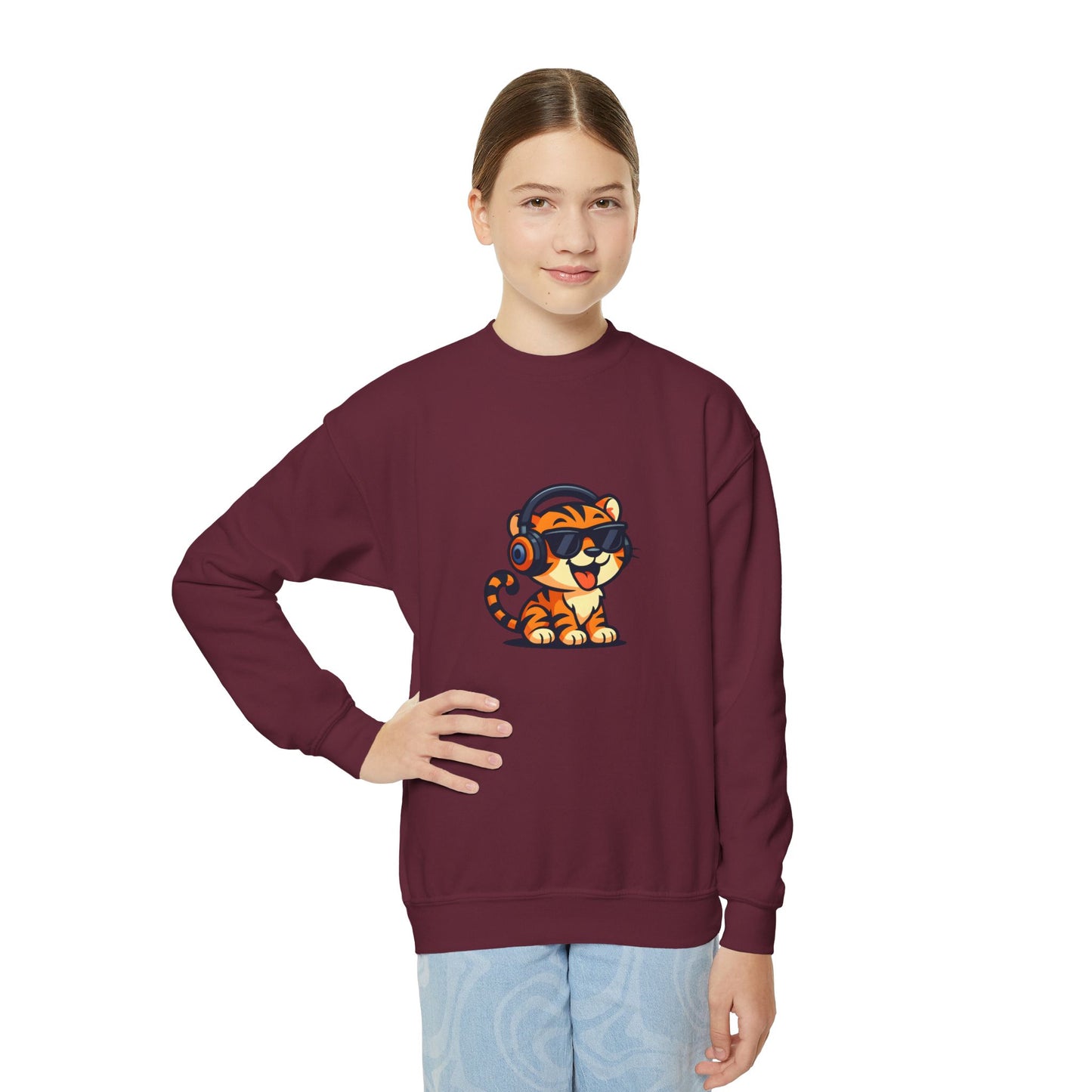 Cool Tiger Youth Crewneck Sweatshirt, Cute Animal Apparel, Teen Style, Gift for Kids, Casual Wear
