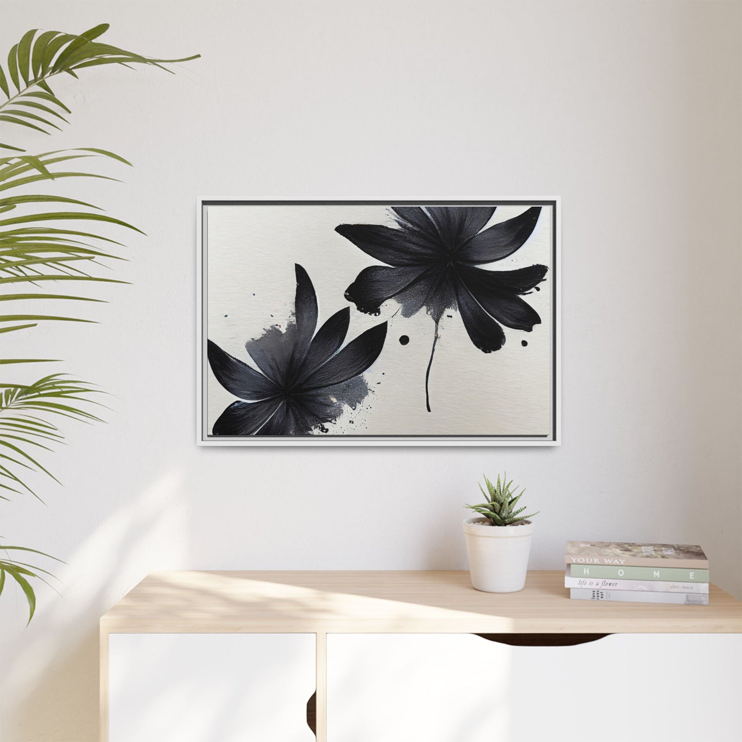 Framed Black Floral Matte Canvas Wall Art — Monochrome Botanical Print