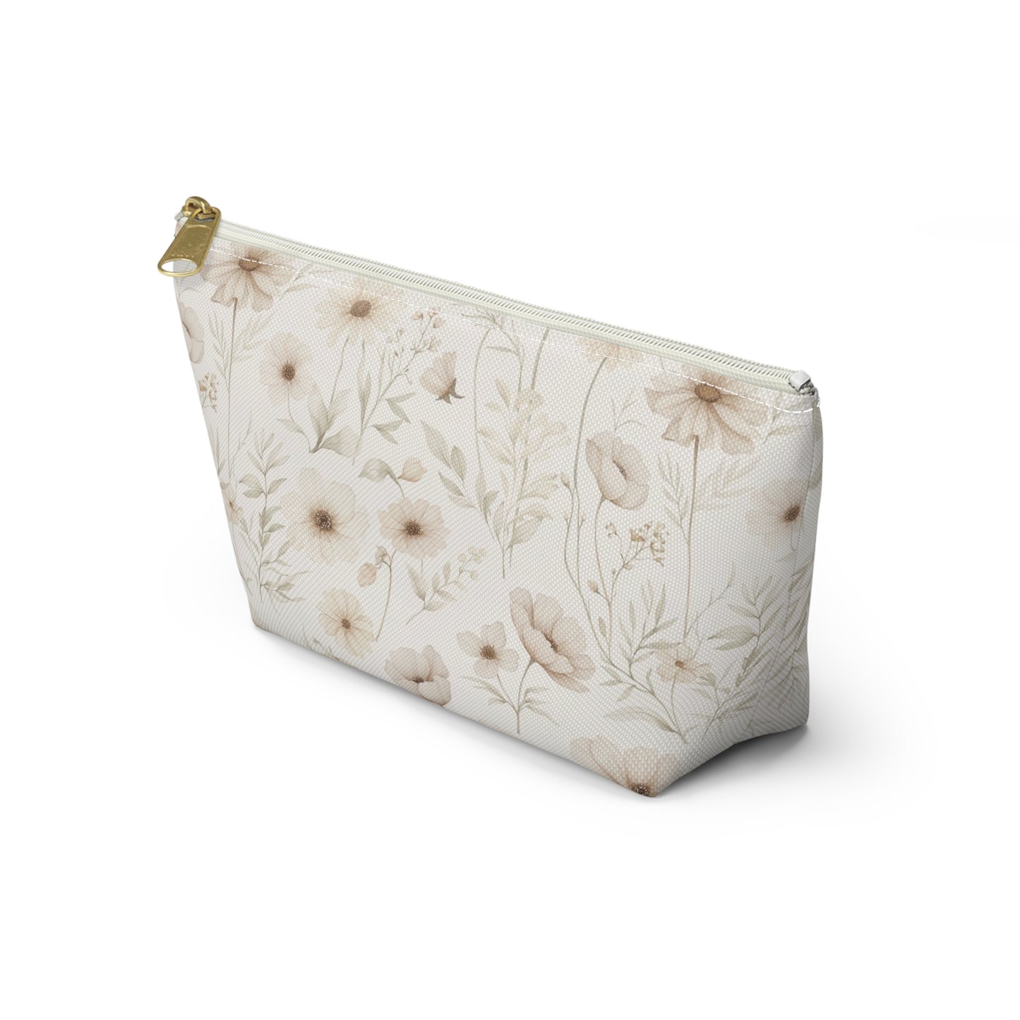 Floral Toile Accessory Pouch — Neutral Vintage Flower Cosmetic Bag