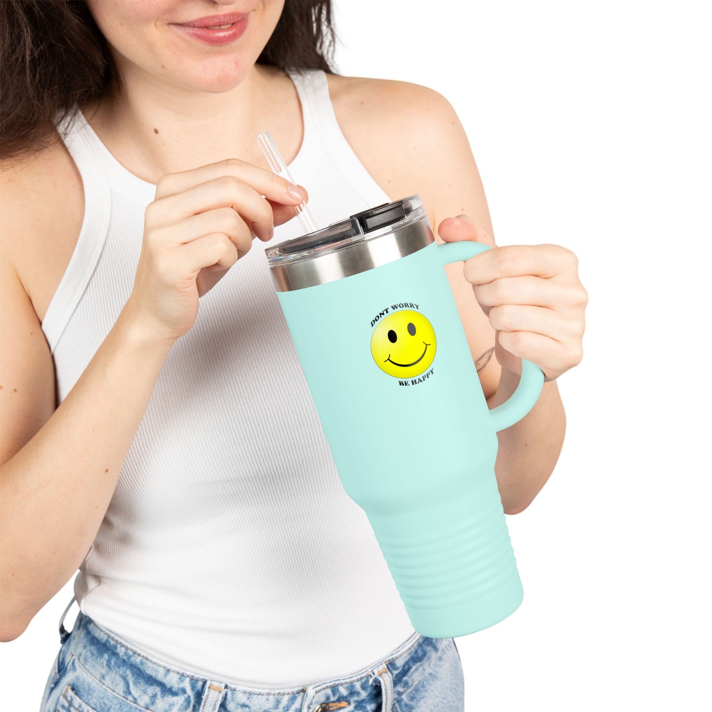 Happy Face Insulated Travel Mug | 40oz, Summer Vibes, Gift for Coffee Lovers, Home Office Essential, Brighten Your Day